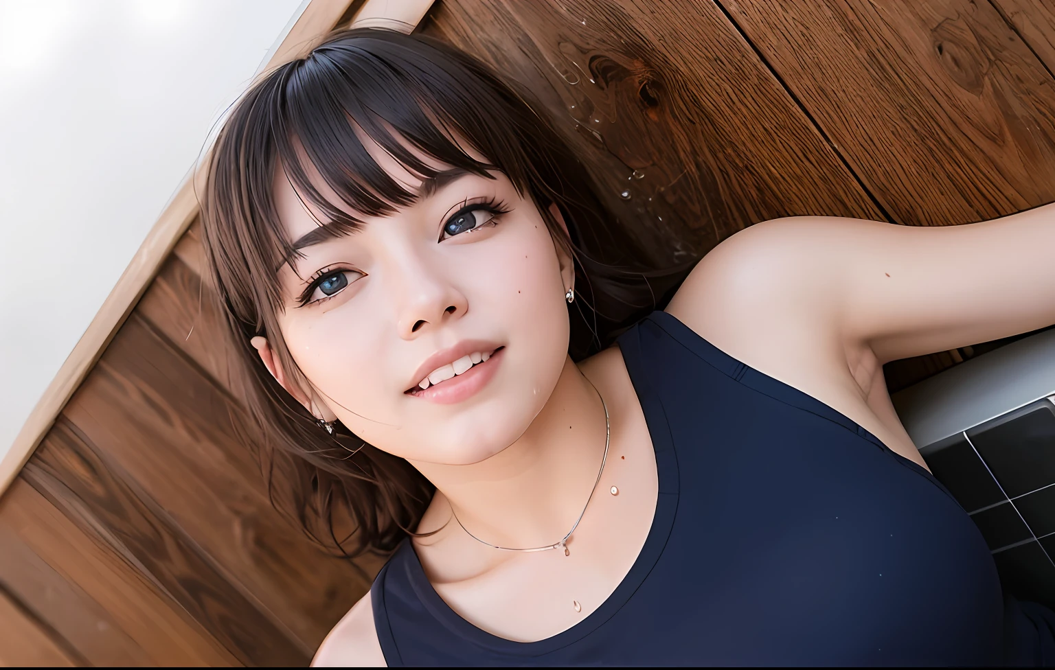 (8K), (Best Quality: 1.2), (Realistic), (Photorealistic: 1.37), Ultra High Definition, 1 Girl, Cute, Smile, Closed Mouth, Beautiful Details, Beautiful Nose, Full Body, Wet Hair, Colossal Dalsefo, Pork, School Uniform, Thighs