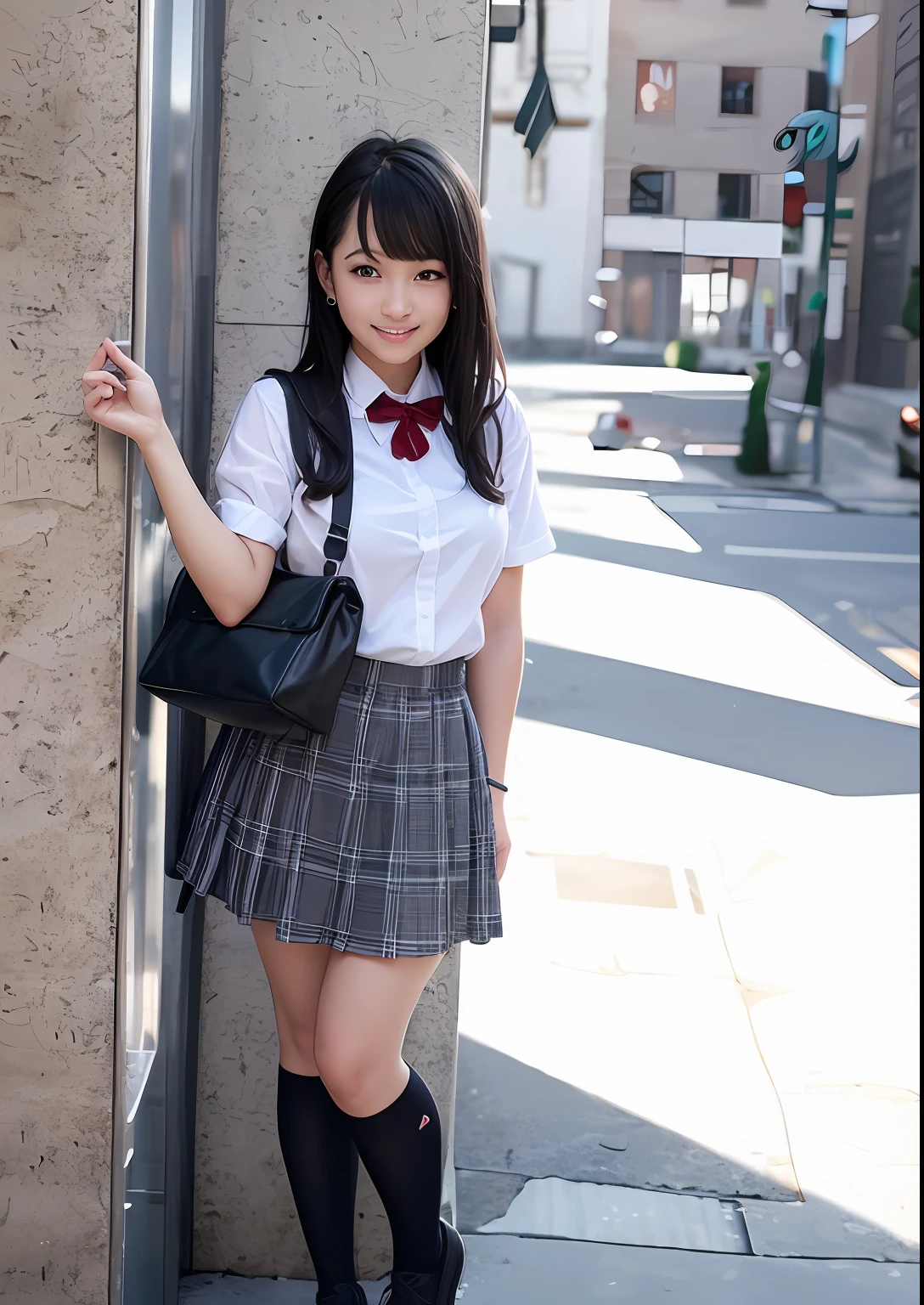 (8K), (Best Quality: 1.2), (Realistic), (Photorealistic: 1.37), Ultra High Definition, 1 Girl, Cute, Smile, Closed Mouth, Beautiful Details, Beautiful Nose, Full Body, Wet Hair, Colossal Dalsefo, Pork, School Uniform, Thighs