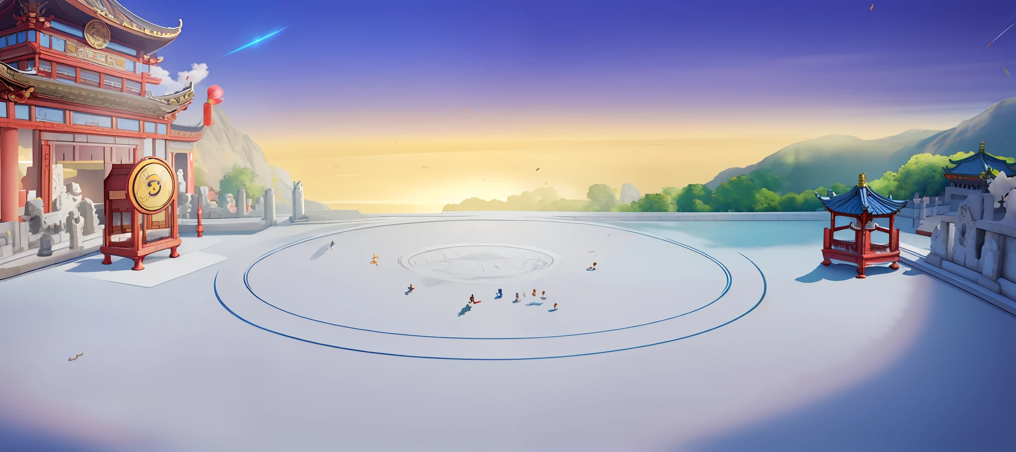 there is a picture of a chinese building with a circular design, odin's stone arena background, arena background, palace background, light kingdom backdrop, stunning arcanum backdrop, magical battlefield background, temple background, island background, royal garden background, ballroom background, Dawn background, coliseum background, Empty background, volley court background, background aerial battle, game background