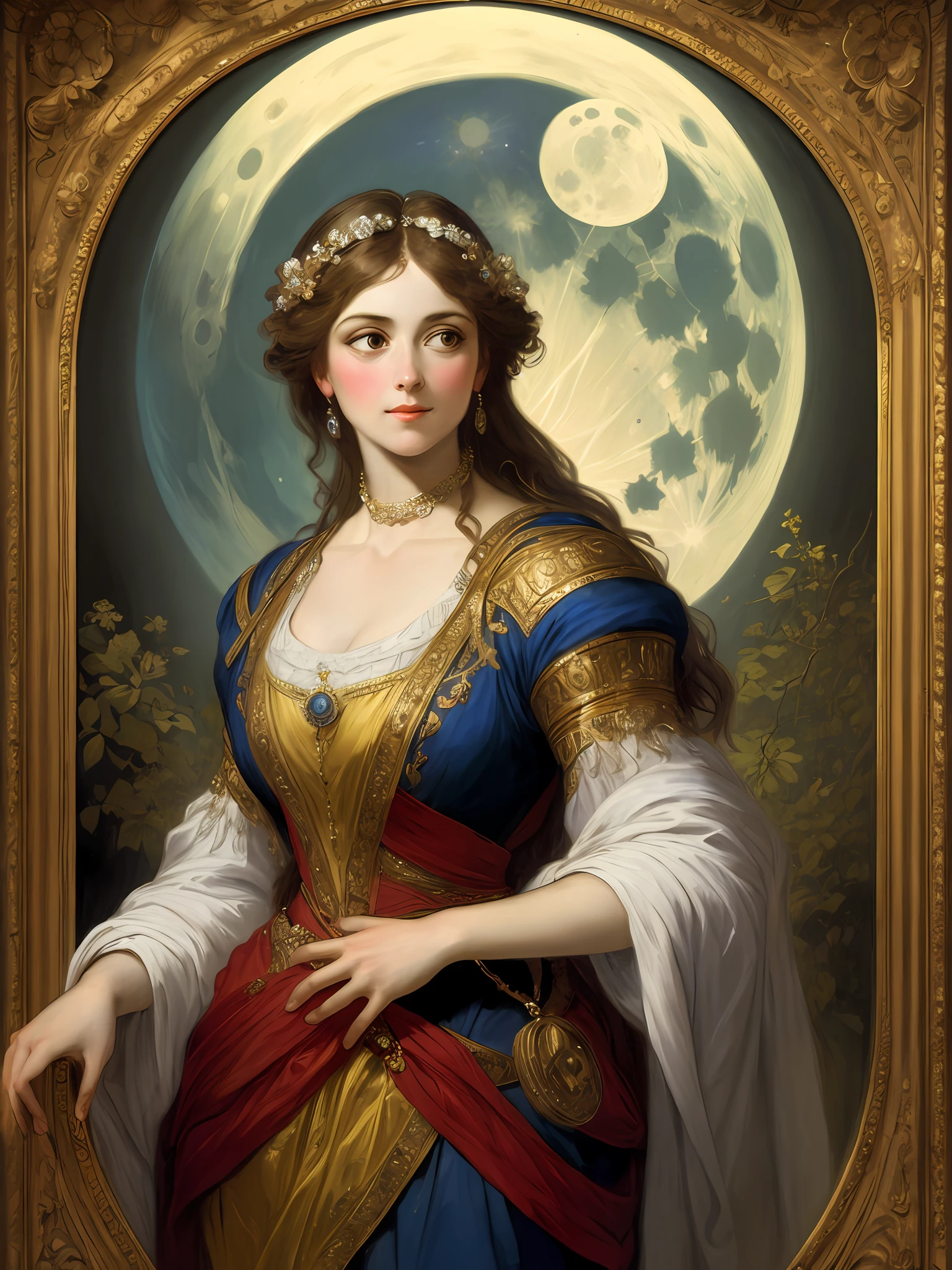 painted portrait of Greek goddess Artemis, by Peter paul Rubens, goddess of chastity, hunting, and the moon, greek goddess, passionate, alluring , charming, beautiful goddess, sensual beauty, blond hair, female, mature, beautiful, upper body, healthy figure, gorgeous, fantasy, intricate, elegant, highly detailed, digital painting, art station, concept art, soft, sharp focus, illustration, art by Gaston Bussiere and Alphonse Mucha