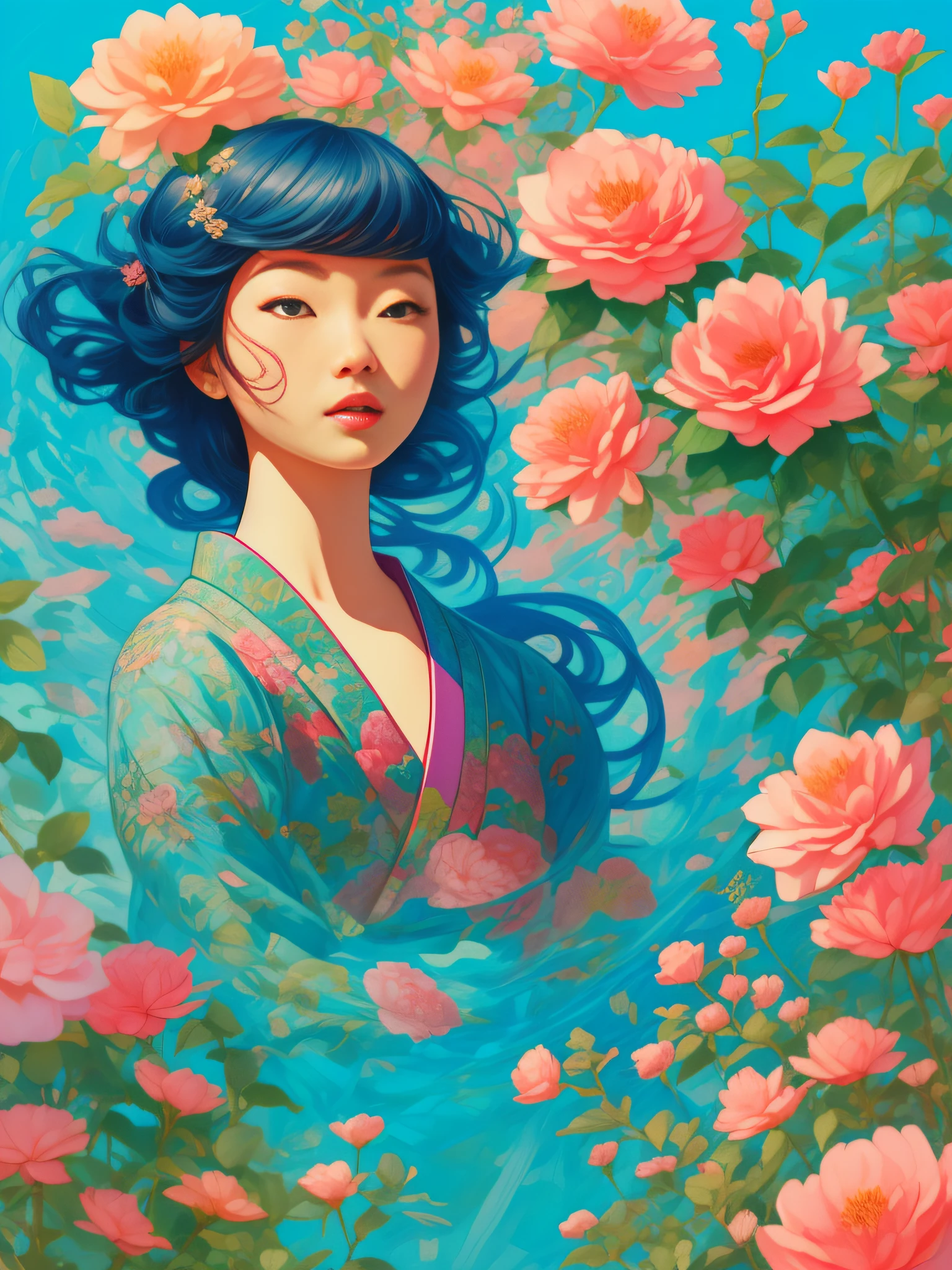 a woman, with plants around it, style of kitsch aesthetic, exotic, high-angle, pastel-colored scenes, i can't believe how beautiful this is, japanese-influenced prints, botanical abundance, naomi okubo, kris knight, flowerpunk, sky-blue and pink, jean giraud, soft pastel, organic form , ray tracing, anaglyph, pov, anatomically correct, award winning, masterpiece --ar 3:4 --style raw 50 --s 2