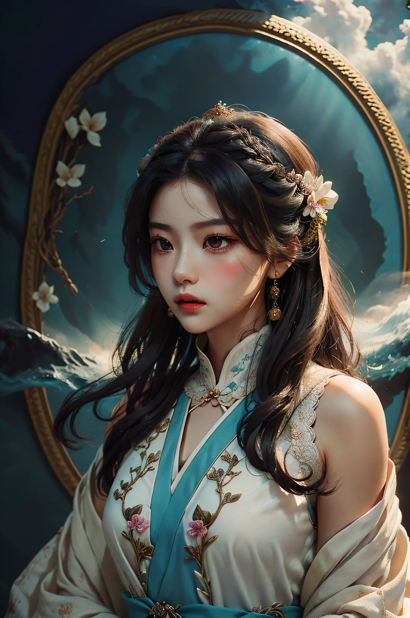 Zhong Fenghua， 1girl huge large breasts， （Whole human body） 独奏， Hanfu， flowers fields， blossom flower， （White smoke：1.3） （pphotorealistic：1.4），A coquettish expression，Bow your head shyly，Fawn rammed，Detailed expressions，The tension of love coming，disheveled hair，nmasterpiece，Absurde，Shy， Zen entanglement， a Mandala， entangled， offcial art， Unity 8k wallpaper， Ultra-detailded， Beautiful and beautiful， nmasterpiece，optimal quality， （dynamic angle：1.4）， Glowing skin， （Floating colorful flashes：1）The most beautiful forms of chaos，elegantly，Fauvistdesign，vividcolor，Romantic depth of field，ultra-high-resolution