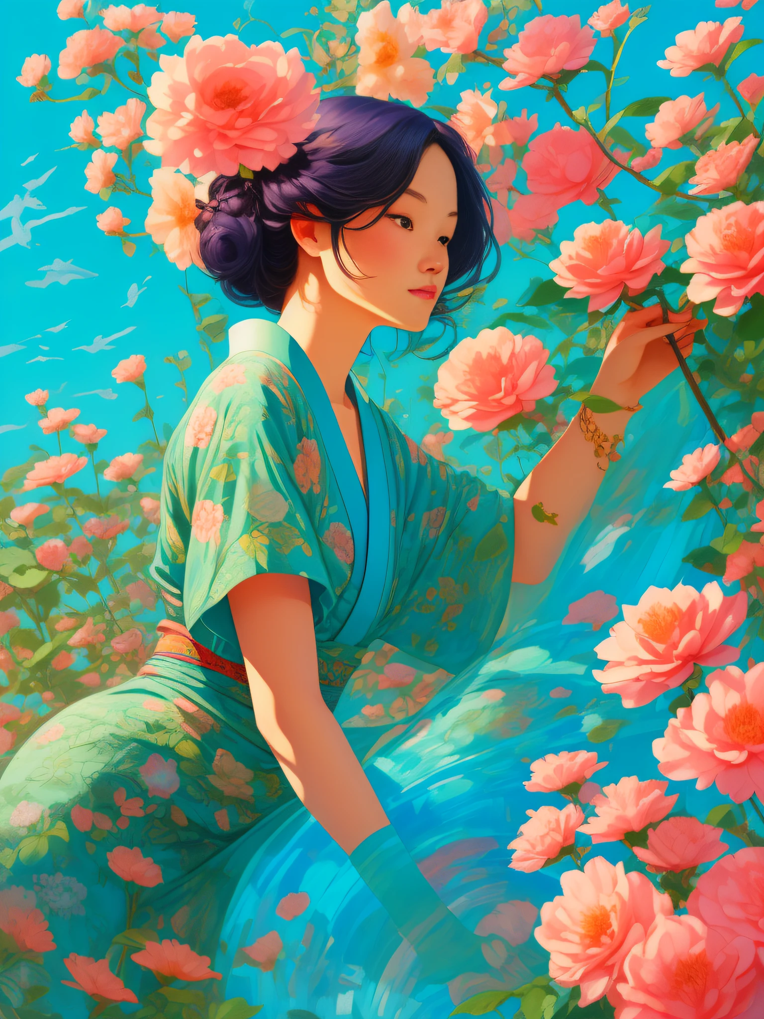 a woman, with plants around it, style of kitsch aesthetic, exotic, high-angle, pastel-colored scenes, i can't believe how beautiful this is, japanese-influenced prints, botanical abundance, naomi okubo, kris knight, flowerpunk, sky-blue and pink, jean giraud, soft pastel, organic form , ray tracing, anaglyph, pov, anatomically correct, award winning, masterpiece --ar 3:4 --style raw 50 --s 2