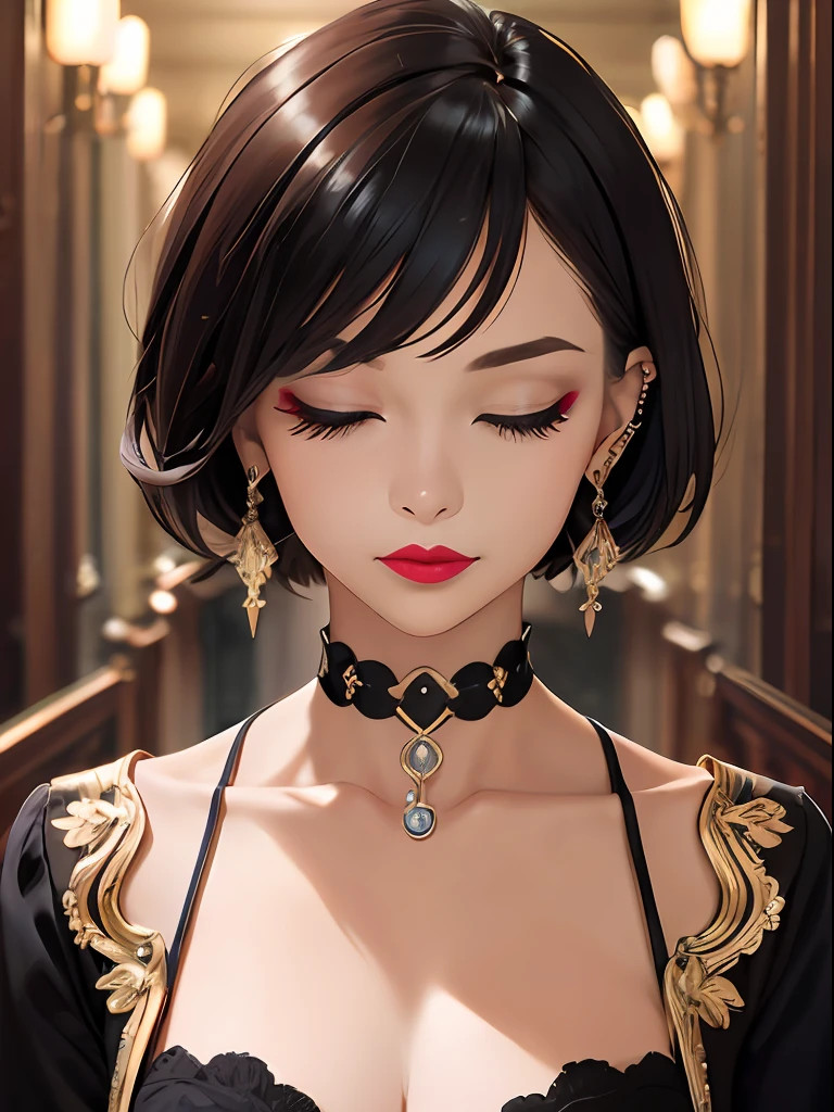 masterpiece, best quality, solo, 1girl, black hair, collar, jewelry, one eye closed, short hair, earrings, piercing, makeup, lipstick, black eyes, ear piercing