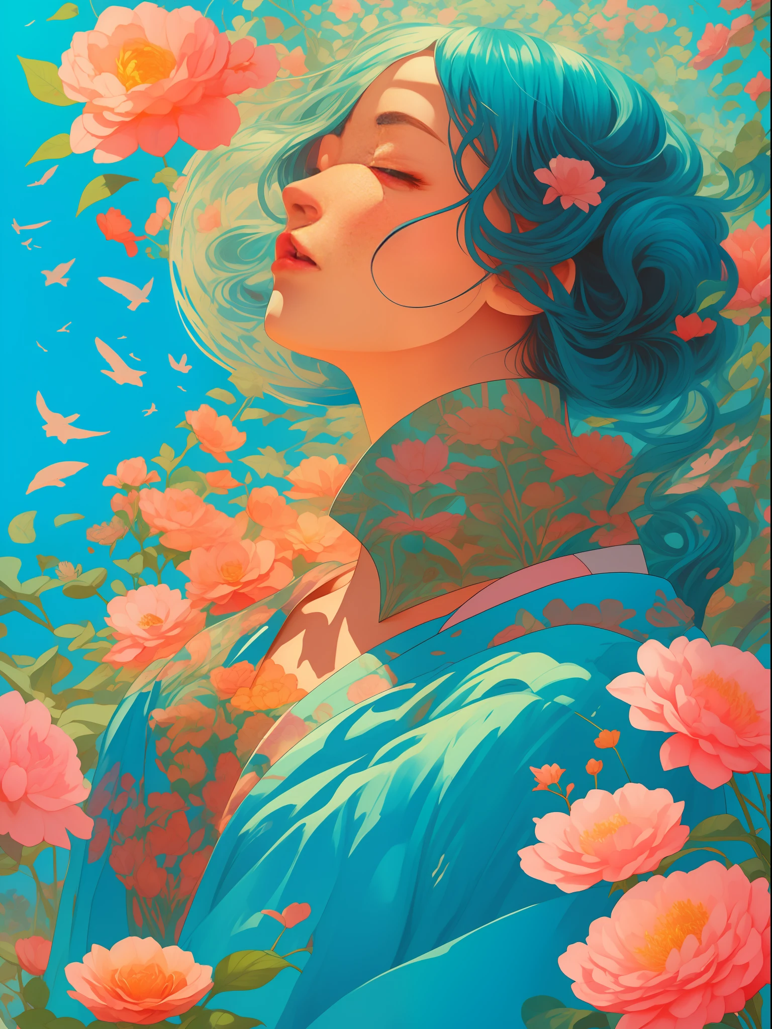 a woman, with plants around it, style of kitsch aesthetic, exotic, high-angle, pastel-colored scenes, i can't believe how beautiful this is, japanese-influenced prints, botanical abundance, naomi okubo, kris knight, flowerpunk, sky-blue and pink, jean giraud, soft pastel, organic form , ray tracing, anaglyph, pov, anatomically correct, award winning, masterpiece --ar 3:4 --style raw 50 --s 2