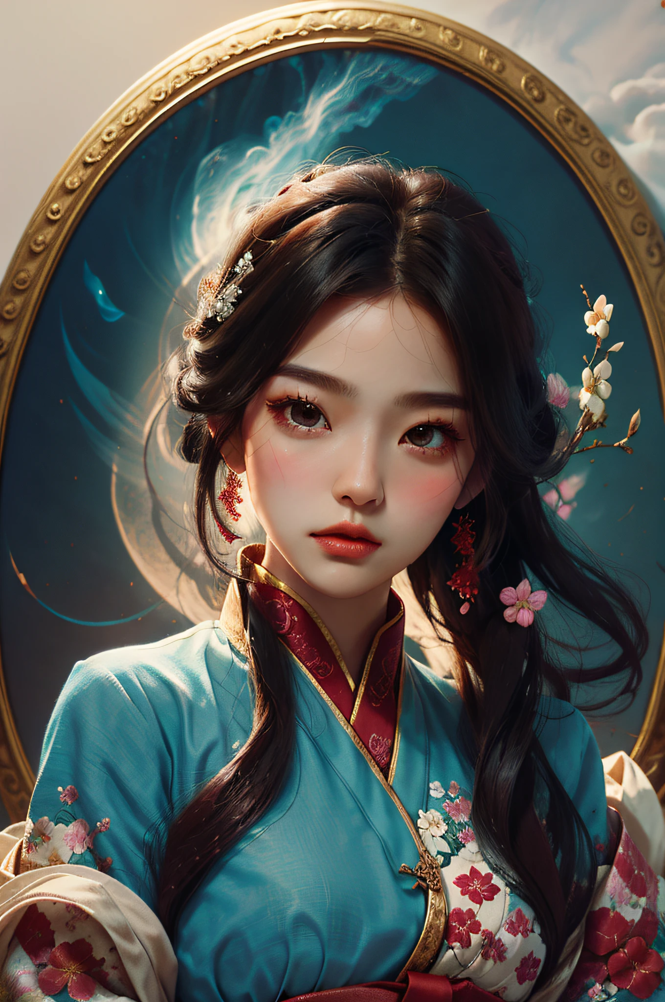 Zhong Fenghua， 1girls， （Whole human body） 独奏， Hanfu， flowers fields， blossom flower， （White smoke：1.3） （pphotorealistic：1.4），A coquettish expression，Bow your head shyly，Fawn rammed，face red，Detailed expressions，disheveled hair，nmasterpiece，Absurde，Shy， Zen entanglement， a Mandala， entangled， offcial art， Unity 8k wallpaper， Ultra-detailded， Beautiful and beautiful， nmasterpiece，optimal quality， （dynamic angle：1.4）， Glowing skin， （Floating colorful flashes：1）The most beautiful forms of chaos，elegantly，Fauvistdesign，vividcolor，Romantic depth of field，