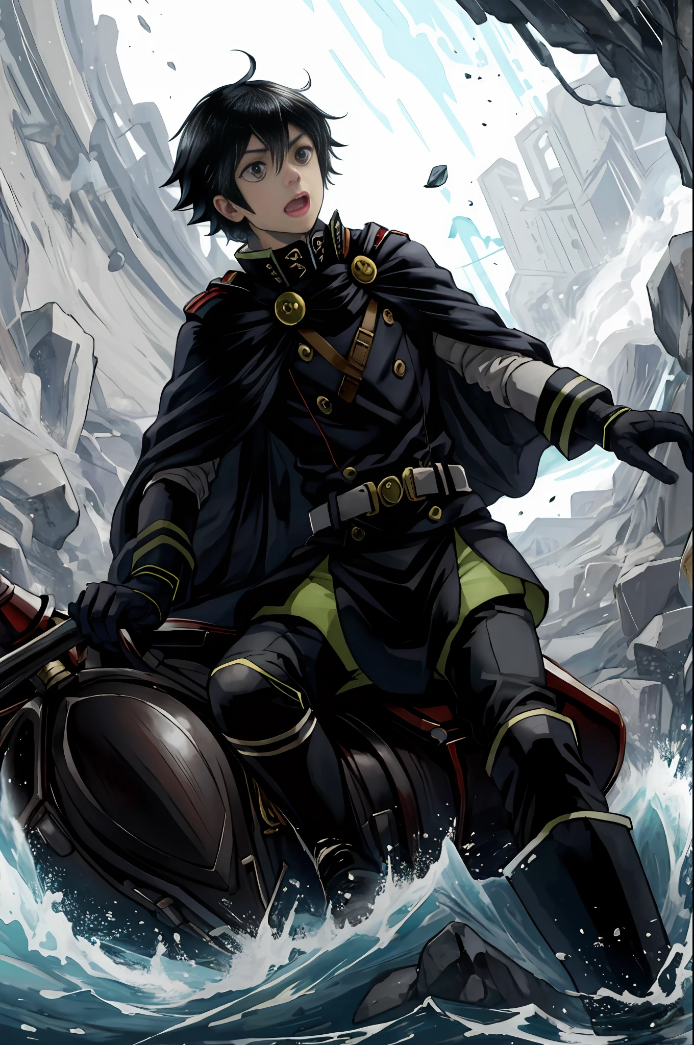 Hector Fey， Yuichiro Hyakuya（1 man），独奏， looking at the spectator， Serious， open mouth with，perspire，Drenched，Get wet，droolng， mitts，Male focus，Sit（Sit straddled），cloaks，military clothes，pov from below，