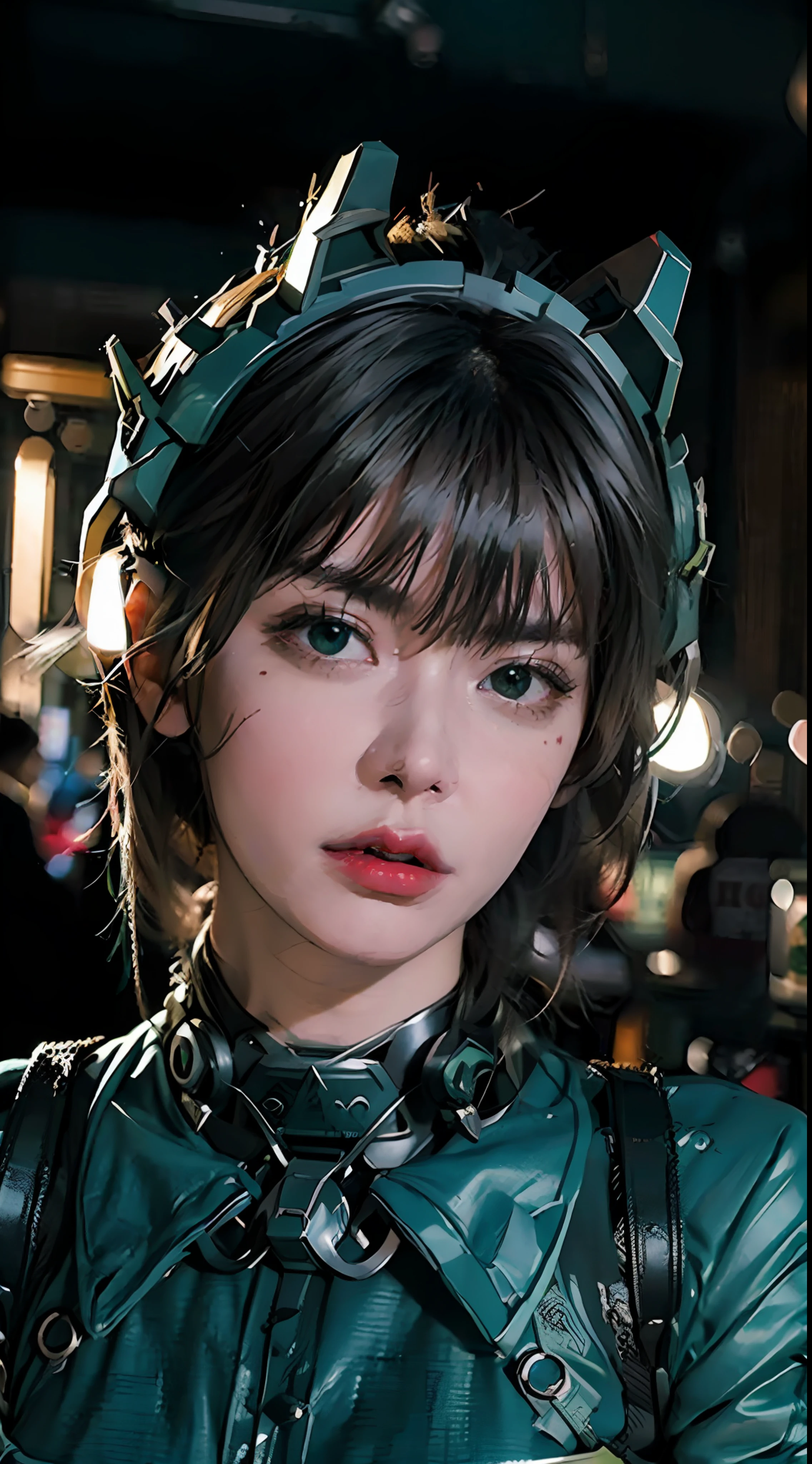 Highest image quality, outstanding details, ultra-high resolution, (realism: 1.4), the best illustration, favor details, highly condensed 1girl, with a delicate and beautiful face, dressed in a black and green mecha, wearing a mecha helmet, holding a directional controller, riding on a motorcycle, the background is a high-tech lighting scene of the future city.
