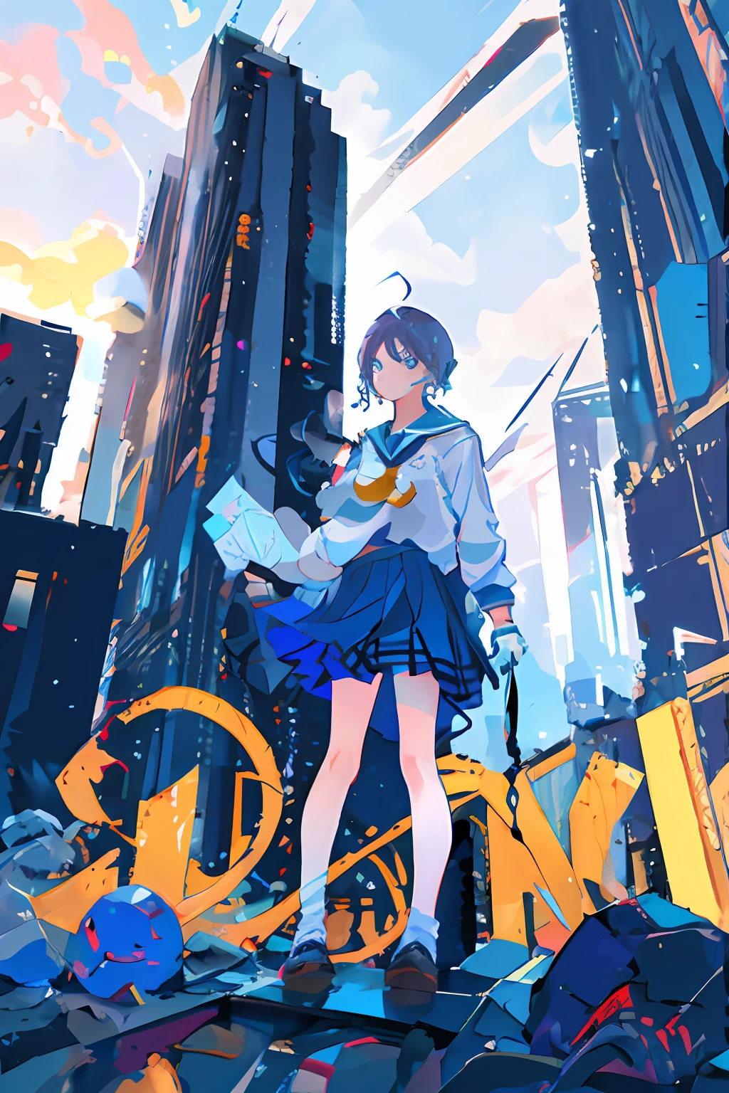 Little girl standing tall building,To commit suicide by jumping off a building,Below is a large group of high school students,Background School,animel