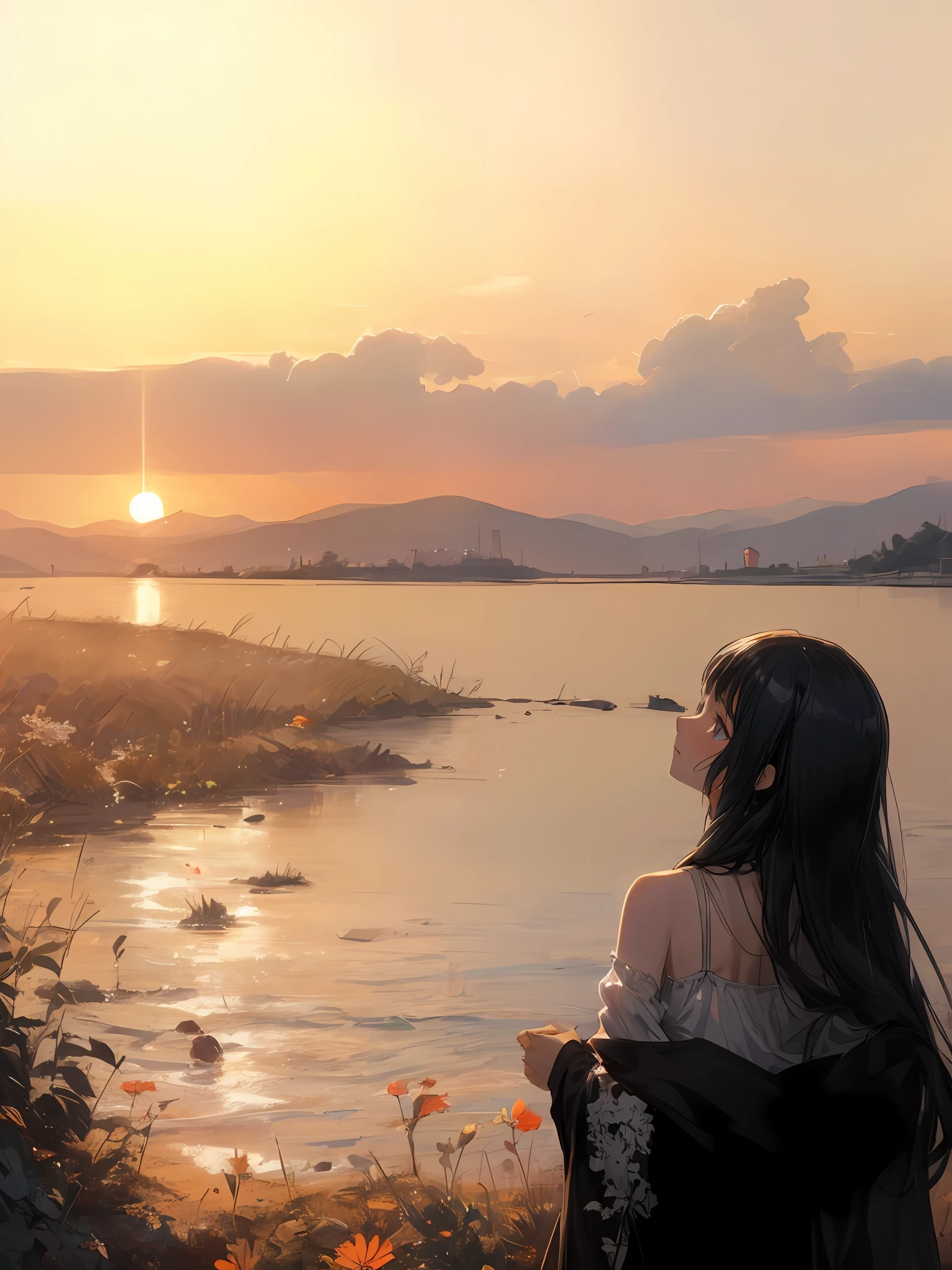 (masterpiece:1.3), (8k, photorealistic, RAW photo, best quality: 1.4), negative_hand-neg, negative_hand, there is a woman that is standing by the water looking at the sunset, watching the sun set. anime, anime beautiful peace scene, girl watching sunset, beautiful anime scene, warm beautiful scene, by Yang J, beautiful girl on the horizon, beautiful anime, sunset light, looking at sunset, with a sunset, artwork in the style of guweiz, with sunset