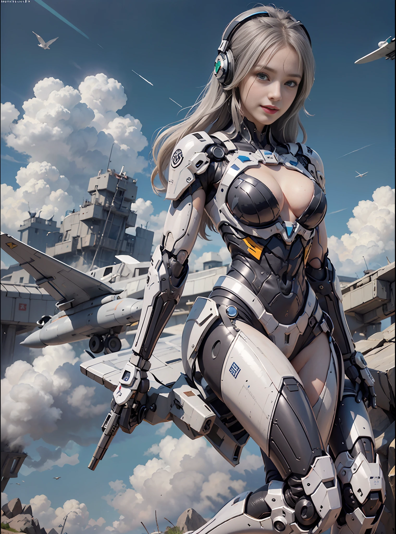 8K, Best Quality, Masterpiece, Ultra High Resolution, (Realism: 1.4), Girl Futuristic Battle Suit, Green Pupils, In the pit of a mecha, Cloudy background, Dark Clouds, Lightning, Background of Air Battlefield, Falling Airplane, Flying Anti-Aircraft Missiles, Exploding Flames, Mechanically Built Birds, Real Woman, Cleaal Face, Cute Girl, Smile, Perfect Cyborg Girl, Wearing Sci-Fi Headphones, Beautiful Female , Beautiful Girl Cyborg, Silver Hair, Manipulator, CG ,
