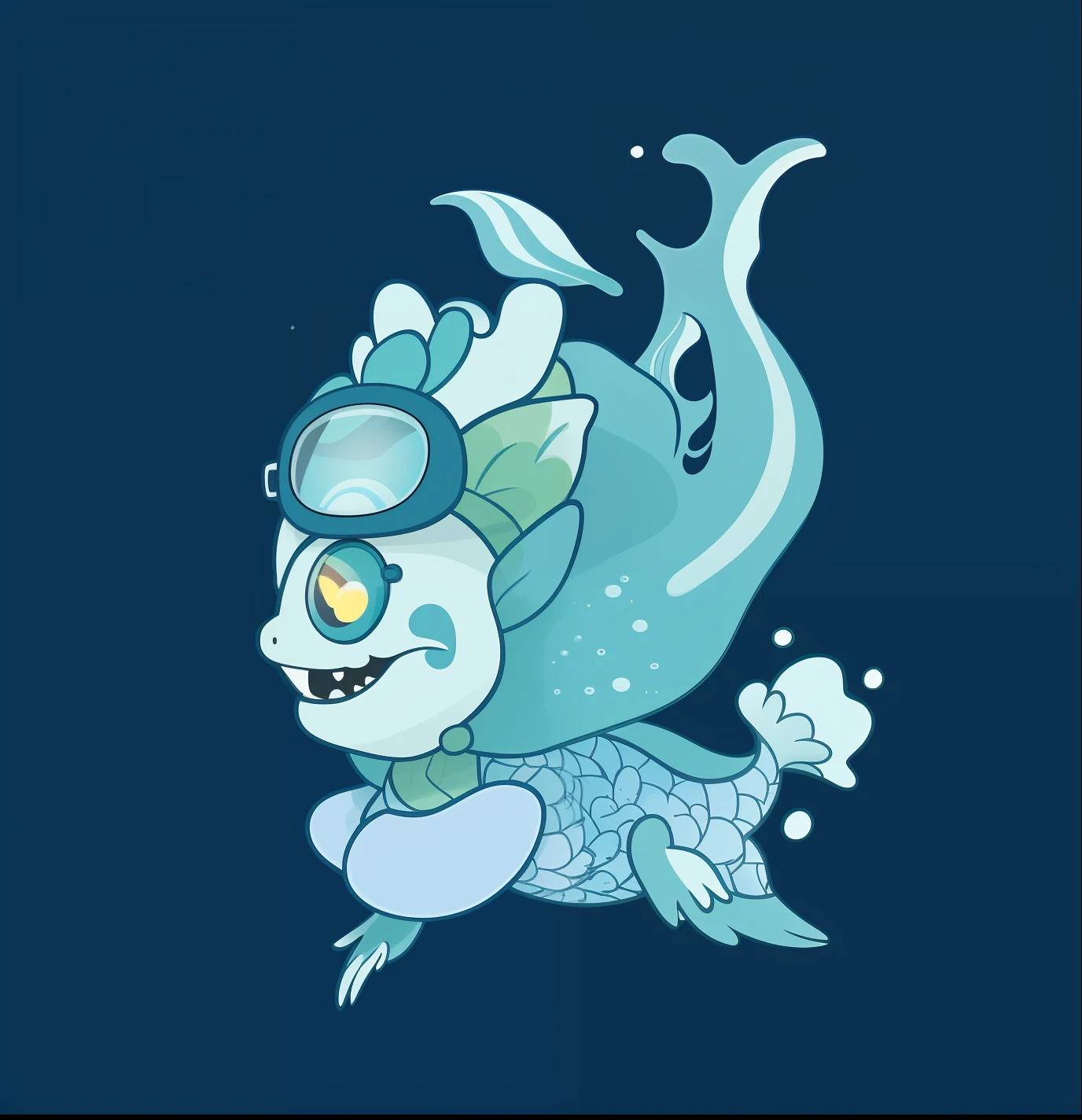 A flutter, water demon, With a spear, Wear diving goggles, cute monster character design, Happy laughter, water elemental, aquatic creature, monster character design, luminous water elemental, Asian Woman Water Elemental, mascot illustrations, ursula the sea witch, water fairy, serpentine water monster, murloc tinyfin, iridescence water elemental, ghostshrimp,superdetailed