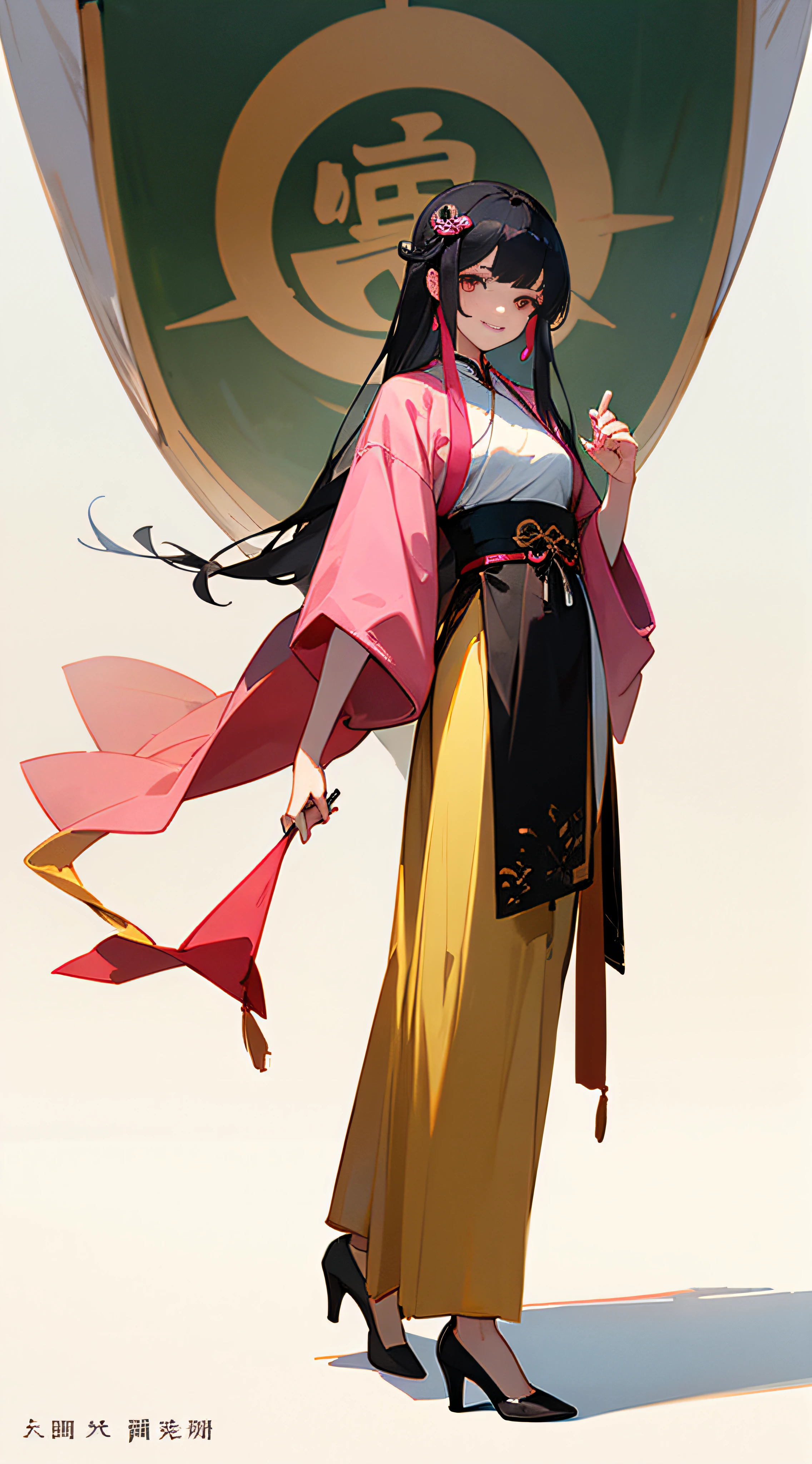 A beauty 1.3：standing alone，Full body like，Long hair at the waist，Wearing pale yellow Hanfu，Tied with a pink streamer，With a smile，The body is slightly to the left，looking at the spectator。Behind her is a flag with a yellow edge and a white background，With Chinese seal book "ming" written on it,Two-dimensional painting style,Outdoor background,dia soleado，Wear black high heels,Pink streamers