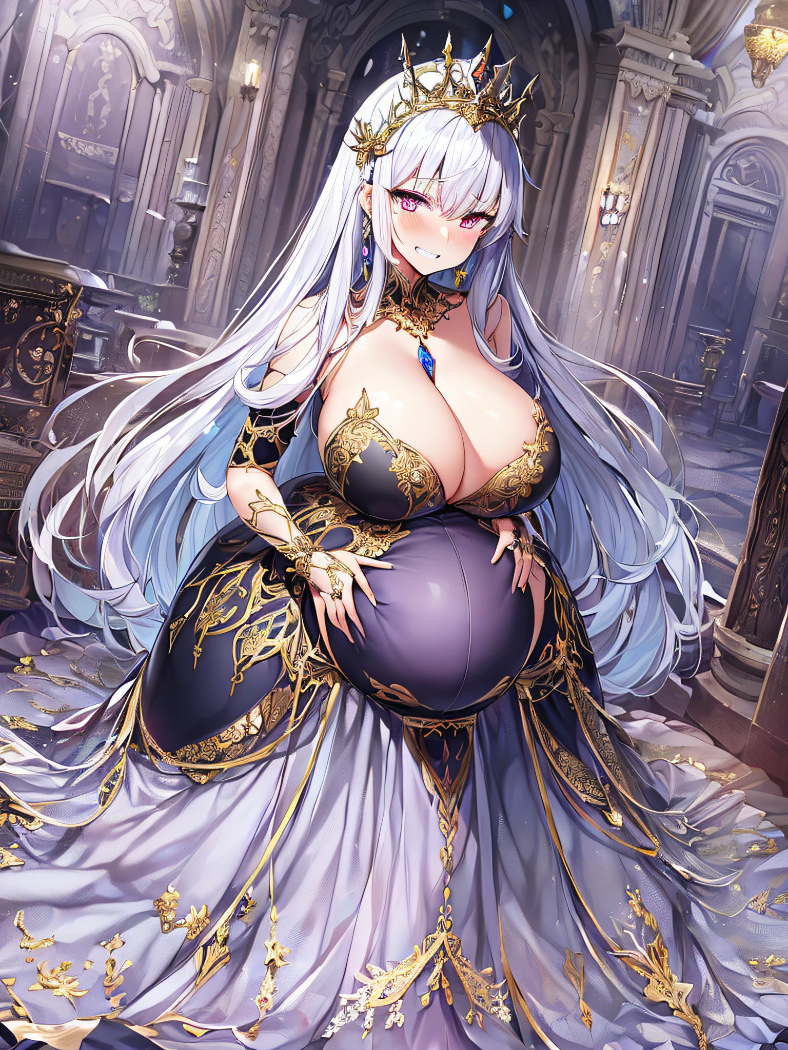 ((anime artstyle)),(Masterpiece),(Best Quality), (Super Detail),((Very Delicate and Beautiful)),Focus on character,Dynamic Angle,Looking at viewer,((Solo)),standing,(((full body))),(((one evil pregnant princess in gorgeous ball gown with voluminous skirt))),detailed face and eyes,((heavily pregnant)),((clenched teeth,blush)),embarrassed,jewel-like eyes,((Very Long voluminous Hair)),gorgeous embroidery and lace,See-through,ornate ruffles,Gorgeous jewelry ornaments,luxury hair ornament,luxury and evil tiara with jewels,(gigantic breasts,Long breasts),full body,(((evil and dark atmosphere))),full body,heavily pregnant,(inside of prison),jeweled evil ball gown,(((gorgeous ball gown with voluminous skirt)))