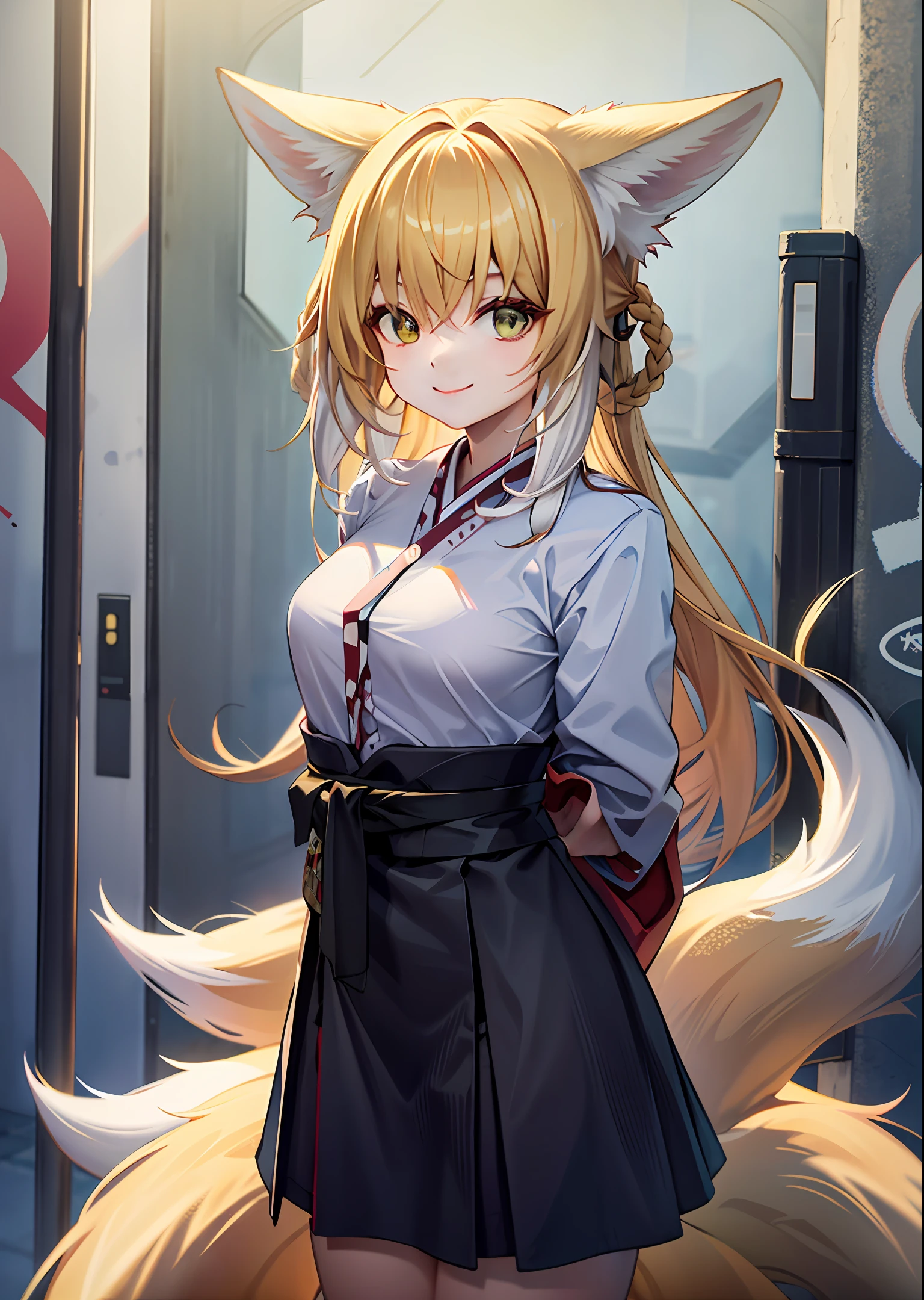 masterpiece,best quality,highres,1girl,upper body,cowboy shot,arms behind back,looking at viewer,Graffiti art,soft cinematic light,exposure blend,kimono,miko,miniskirt BREAK fox ears,fox tail,fox girl,blonde hair,long hair,evil smile,