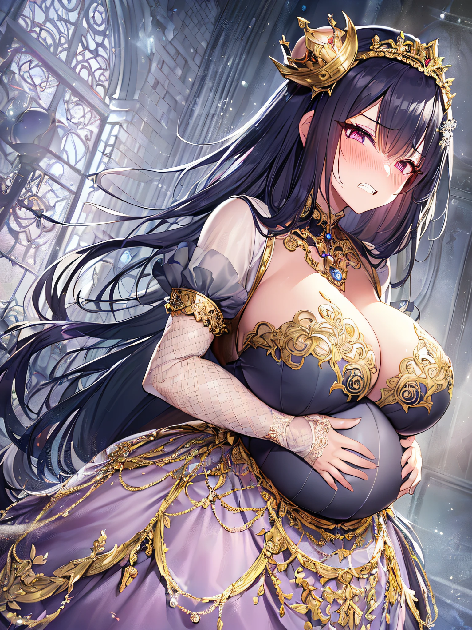 ((anime artstyle)),(Masterpiece),(Best Quality), (Super Detail),((Very Delicate and Beautiful)),Focus on character,Dynamic Angle,Looking at viewer,((Solo)),standing,(((full body))),(((one evil pregnant princess in gorgeous ball gown with voluminous skirt))),detailed face and eyes,((heavily pregnant)),((clenched teeth,blush)),embarrassed,jewel-like eyes,((Very Long voluminous Hair)),gorgeous embroidery and lace,See-through,ornate ruffles,Gorgeous jewelry ornaments,luxury hair ornament,luxury and evil tiara with jewels,(gigantic breasts,Long breasts),full body,(((evil and dark atmosphere))),full body,heavily pregnant,(inside of prison),jeweled evil ball gown,(((gorgeous ball gown with voluminous skirt)))