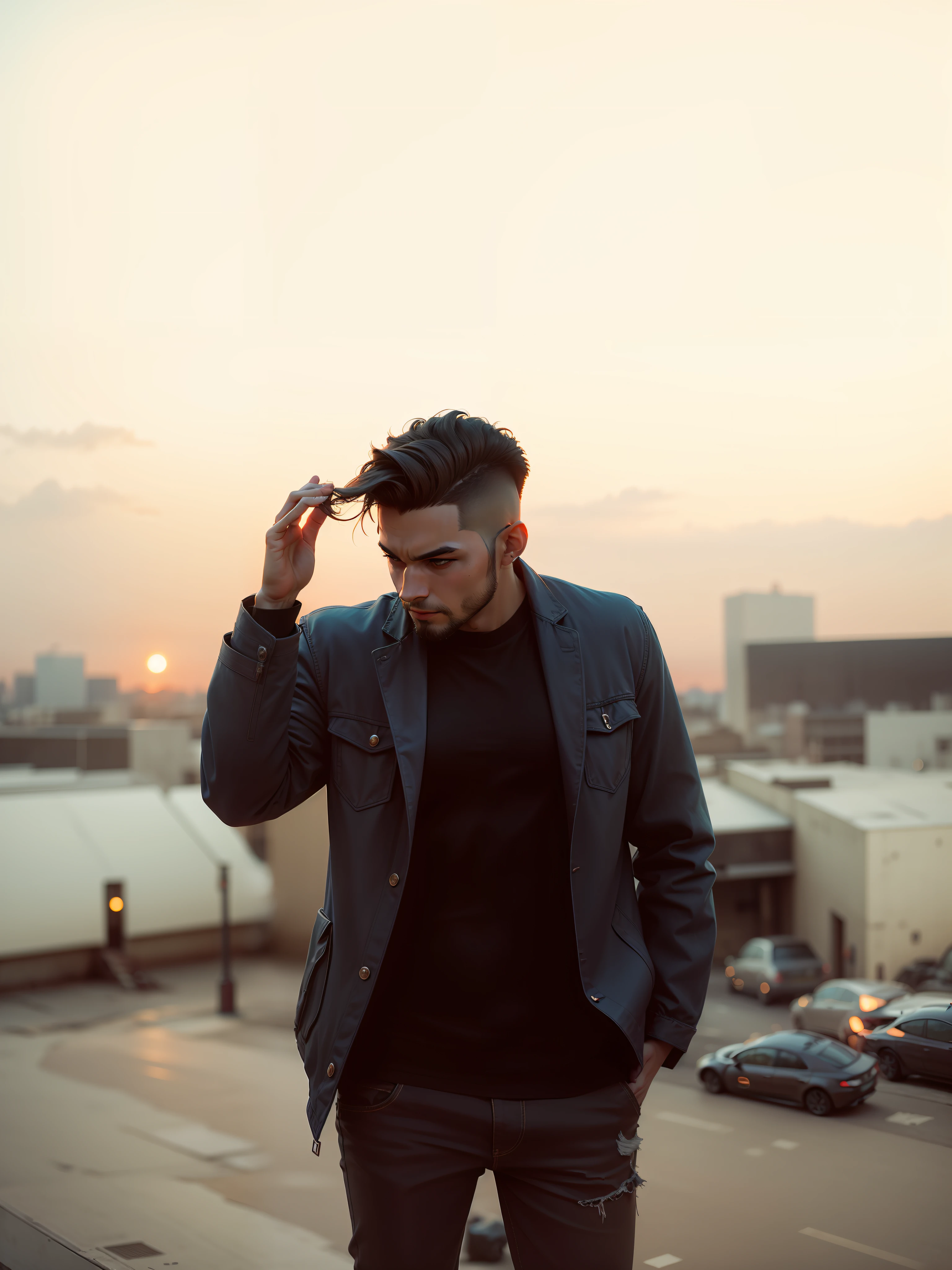 Hyper realistic futuristic buildings in background, sunset, ultra realistic lighting , futuristic vibe