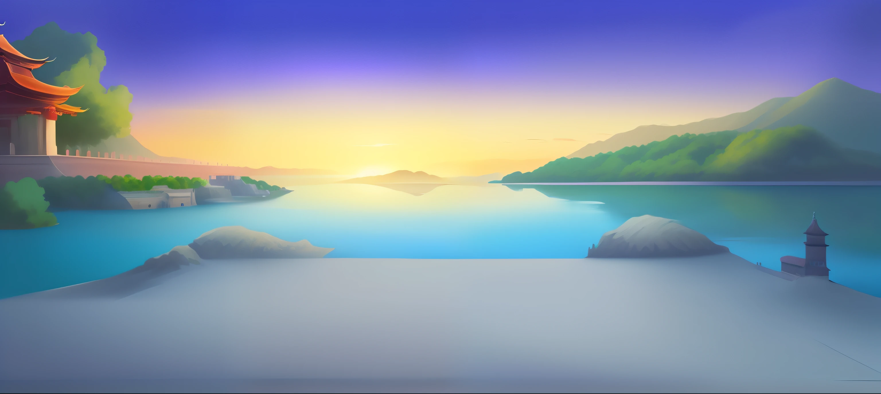 painting of a lake with a pagoda in the background, Lake background, beautiful lake background, Mobile game background, island background, background artwork, temple background, palace background, anime backgrounds, arte de fundo, Detailed scenery —width 672, detailed lake in background, Anime background art, game background, Anime landscape wallpaper, Dawn background, golden hour background, scenery background