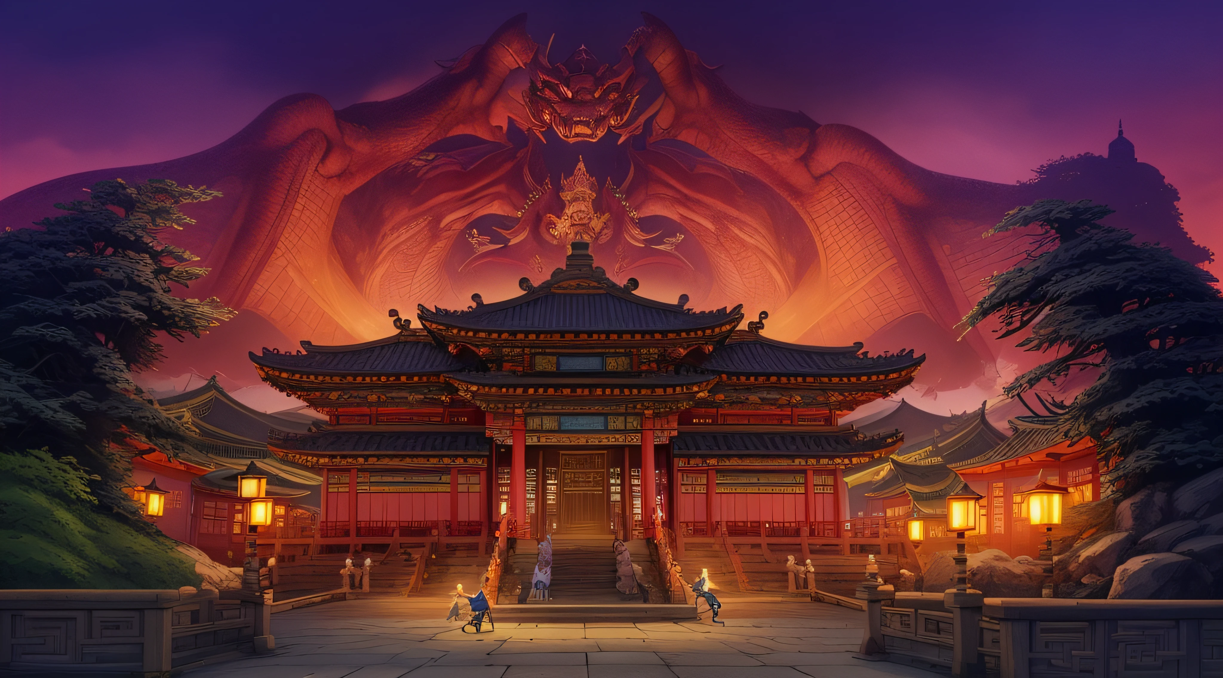 a painting of a chinese temple with a dragon and a demon, high detailed official artwork, temple background, background artwork, Onmyoji detailed art, traditional japanese concept art, 2. 5 D CGI anime fantasy artwork, mysterious temple setting, asura from chinese myth, cyberpunk chinese ancient castle, Official artwork, background depicting a temple, G Liulian art style