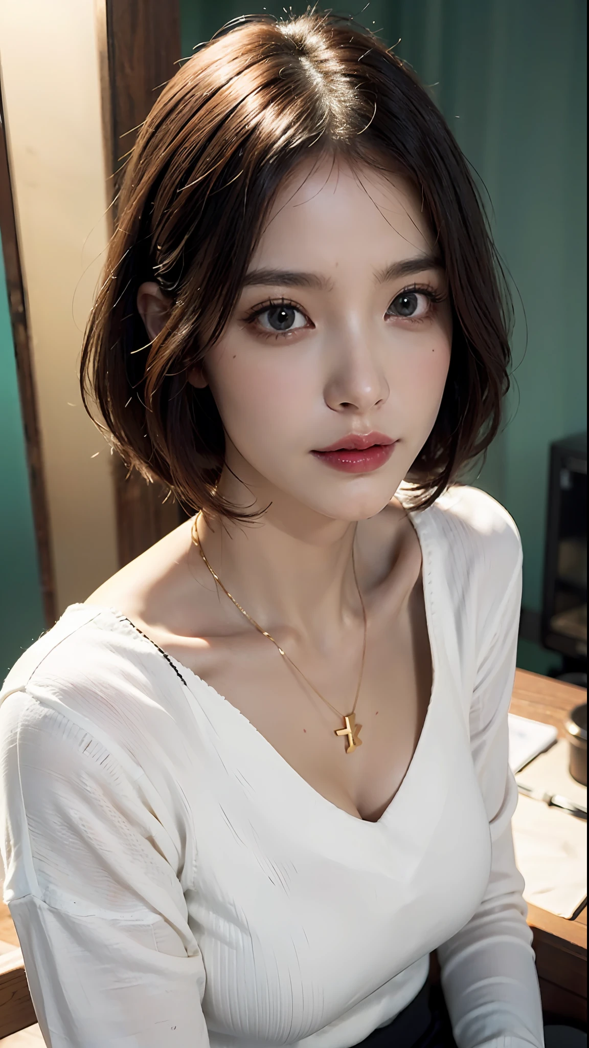 (Best quality, 8k, 32k, Masterpiece, UHD:1.2),Photo of Pretty Japanese woman, large breasts, very short bob hair,upper body,face focus,oversized_sweater, necklace, simple background, from above, looking at viewer,