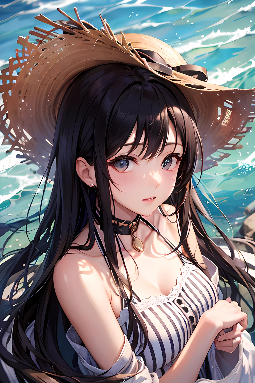 A masterpice、beste-Quality、16 K、Textured skin、One woman、Watching the viewer from above with a spoiled feeling、long black hair、Straw Hat Hat、White dress、sea side、the sun