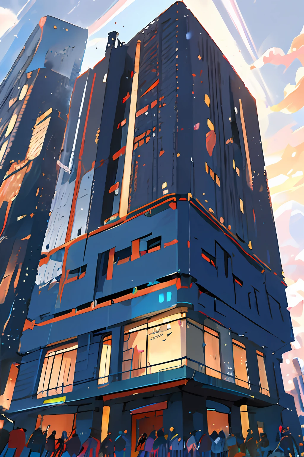 Little girl standing tall building,To commit suicide by jumping off a building,Below is a large group of high school students,Background School,animel