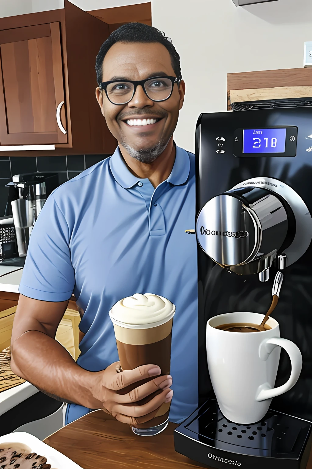 guttonerdvision6, realista, (melhor qualidade, obra-prima: 1.3), Olhos finamente detalhados e rosto detalhado, coffee machine, cafeteria, Mature man with solo glasses, alto,