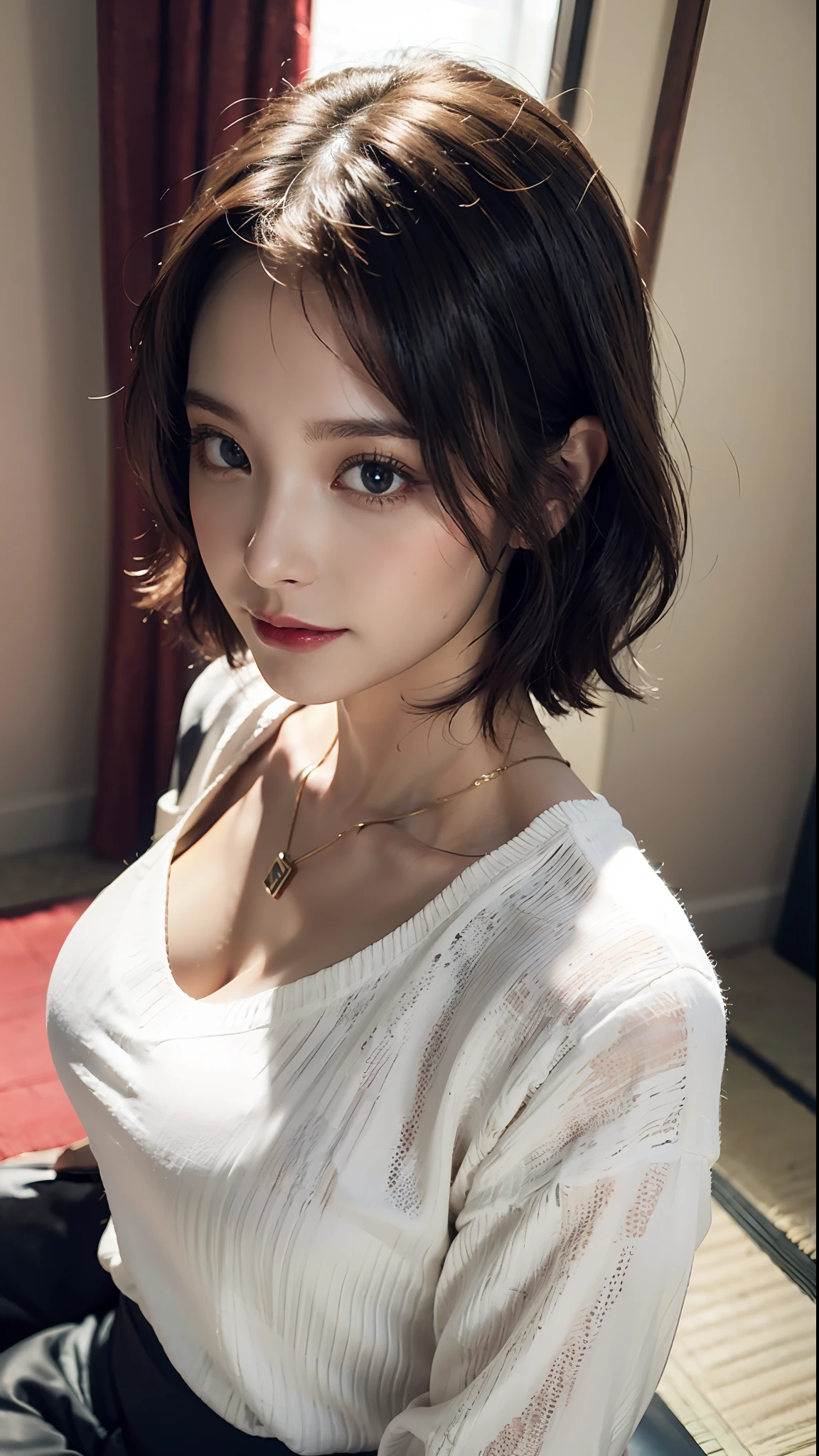 (Best quality, 8k, 32k, Masterpiece, UHD:1.2),Photo of Pretty Japanese woman, large breasts, very short bob hair,upper body,face focus,oversized_sweater, necklace, simple background, from above, looking at viewer,