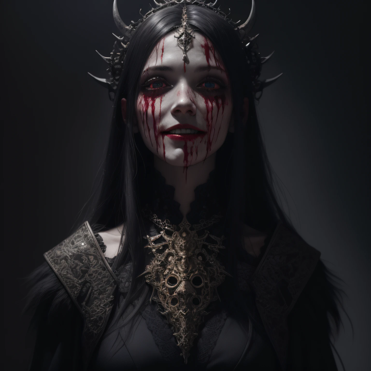 masterpiece, best quality, high quality, extremely detailed CG unity 8k wallpaper, portrait of a pagan goddess, antichrist, doomsday, holy, award winning photography, Photorealistic,extremely detailed, trending on artstation, trending on CGsociety, Intricate, High Detail, dramatic, art by midjourney, blood on face, evil smile, horror art, dread