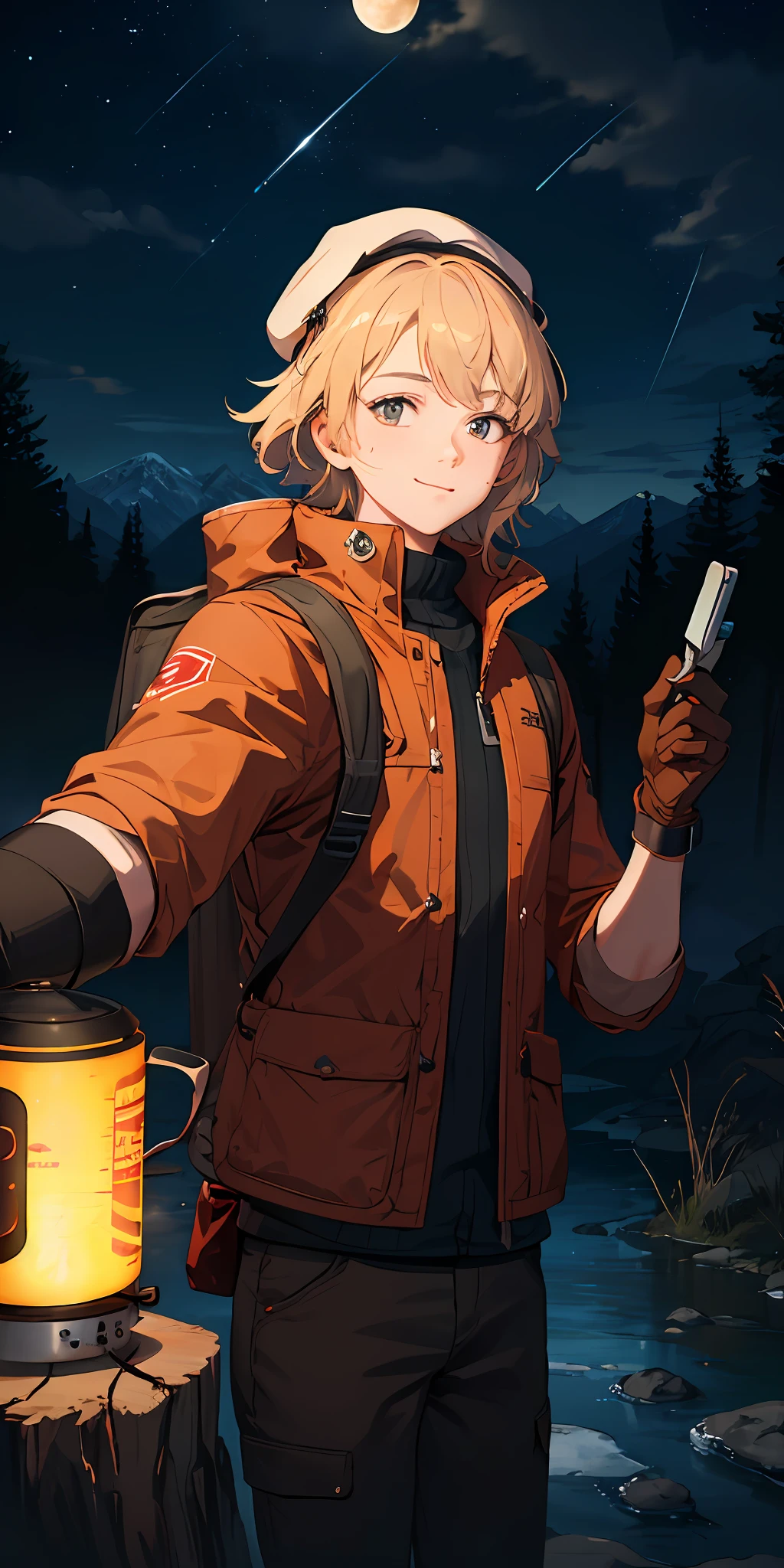 1 Man ((Upper Body Selfie, Happy)), Masterpiece, Best Quality, Ultra Detailed, Solo, Outdoor, (Night), Mountains, Nature, (Stars, Moon) Cheerful, Happy, Backpack, Sleeping Bag, Camping Stove, Kettle, Hiking Boots, Gloves, Sweater, Hat, Flashlight, Forest, Rock, River, Wood, Smoke, Shadow, Contrast, Clear Sky, Simulation Style (View Audience: 1.2) (Skin Texture) (Film Grain: 1.3) , (Warm Colors, Warm Colors)