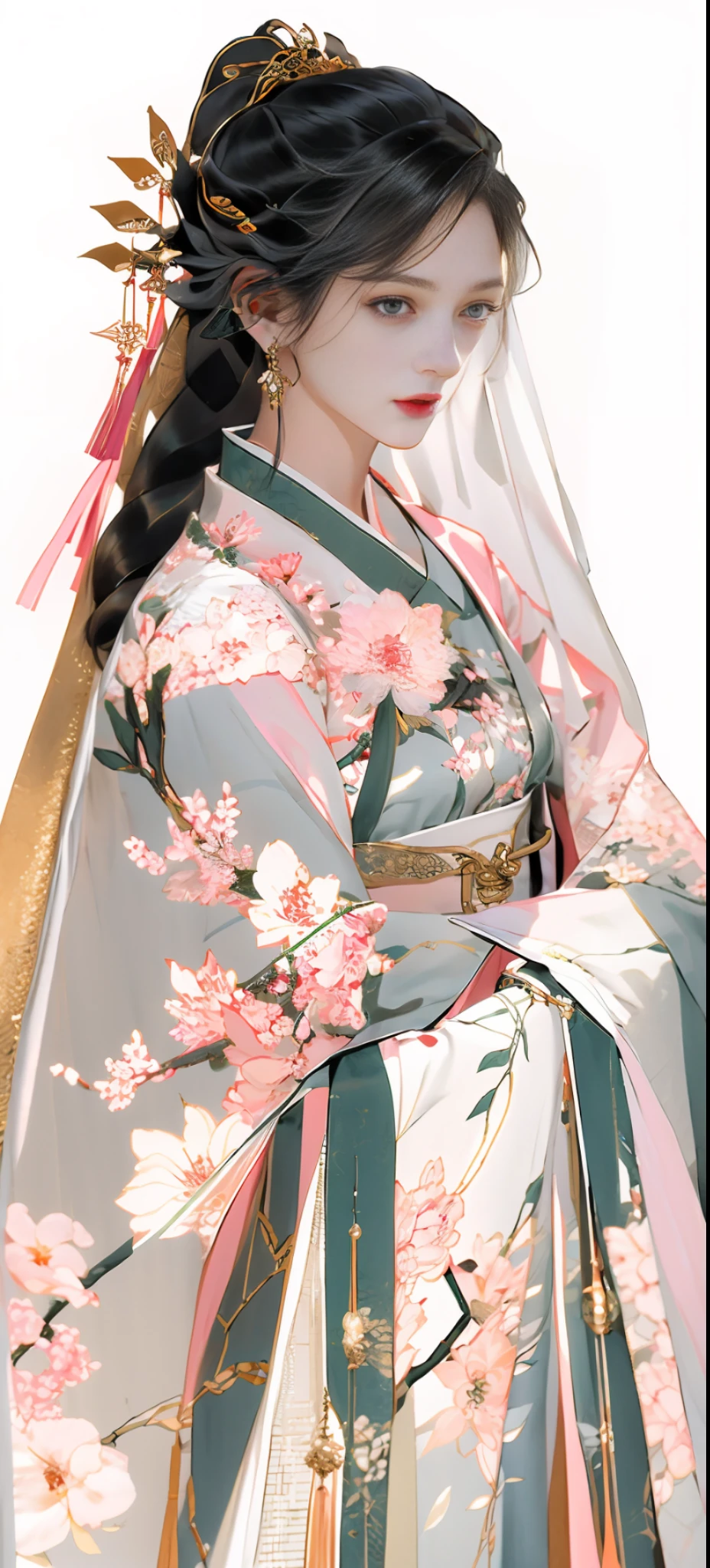 Beautiful details for girls，Very detailed eyes and face，beautiful eyes in detail，Ultra-detailded，high resolucion，Very detailed，The best quality，illustration，exquisite detailing，Best quality，Very detailed CG，8k壁紙，agirl，woods，Long black hair，ponytailhair，Gold ornaments，bangle，(White veil)，(((Pink clothes)))，peach blossom，Lanterns，complex texture，Hanfu，streamers，sophisticated background，