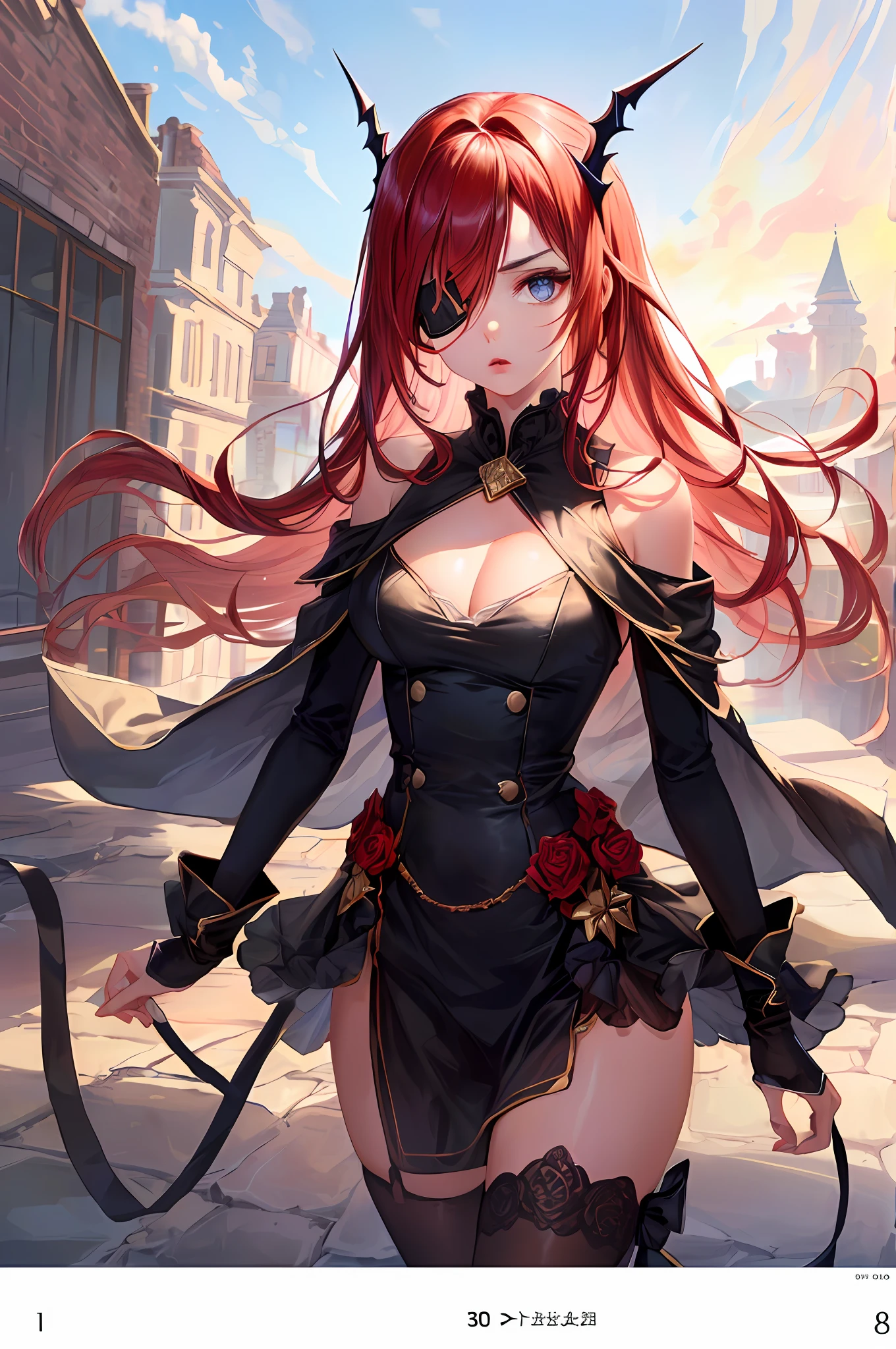 ((30 years old, a woman)),(oval face),attractive mature lady:0.4,(medium breasts),(detailed face and eyes:0.5,pretty eyes),
shiny eyes,(an extremely delicate and beautiful),Parted lips,skindentation,((feminine)), photorealestic,duck mouth,(high res),
thigh:0.2,,8K UHD,hdr,extremely detailed CGunity 8k wallpaper, hooked nose,
JuriMS , sfv, hair horns,Eye patch over "left" eye,
