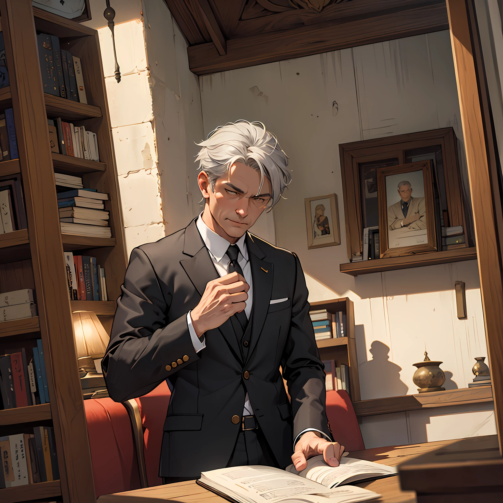 Middle-aged white man with gray hair,formalsuit,Sit at the table and look down at a book ,Hand detail,In the shrine --auto