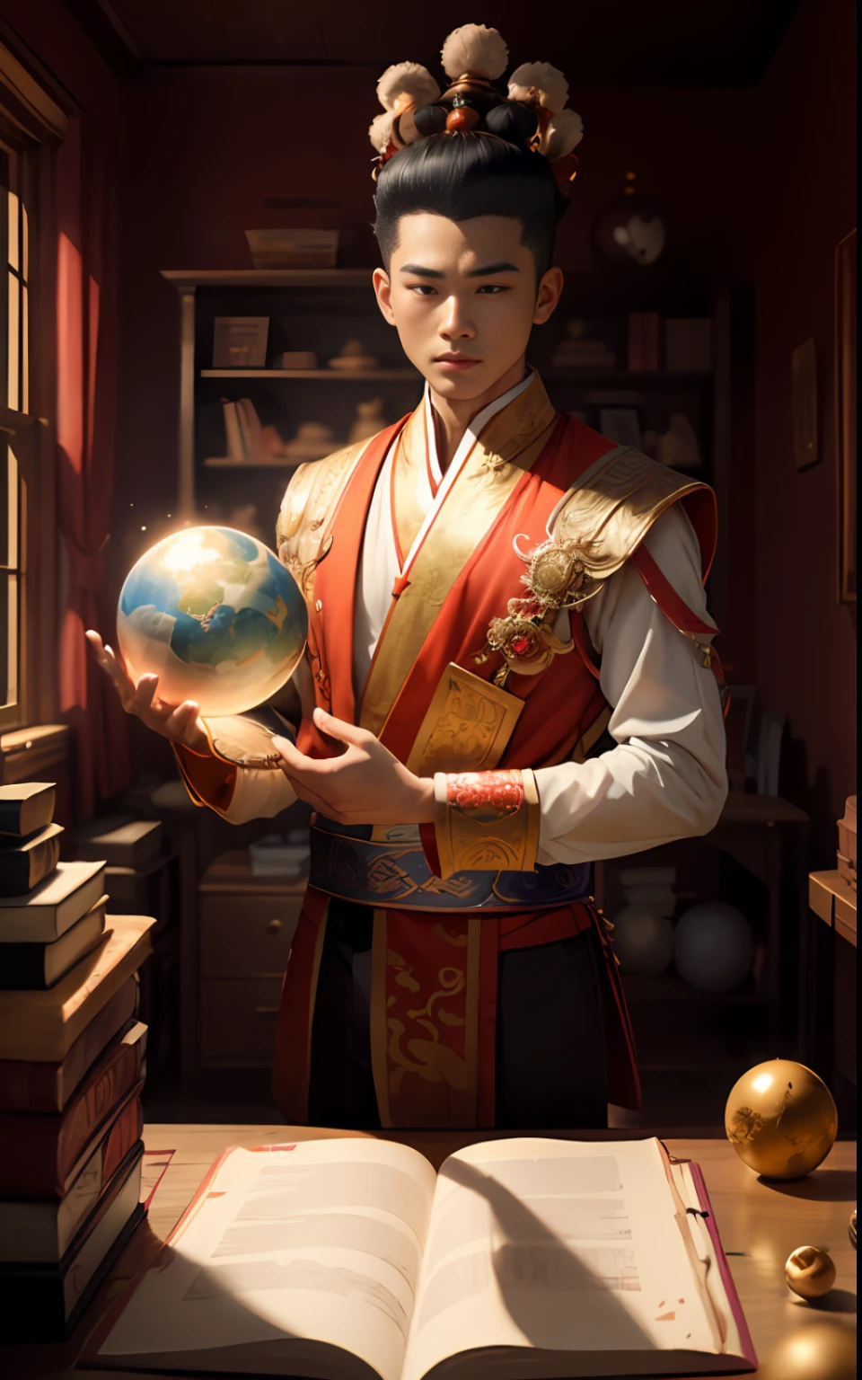 (巨作:1.2), (Best Picture Quality), Highly detailed room, Ultra-high definition, Cinematic light and shadow lighting, Sharp focus, (illustration:1.1), Inside the park，A young man with a feather headdress Nezha is with the Third Prince of the Dragon King。Nezha has three heads and six arms，Holding a bright magic book in his hand，Thinking of a shimmering sphere，They were in a dimly lit room filled with lights，A magician's room。