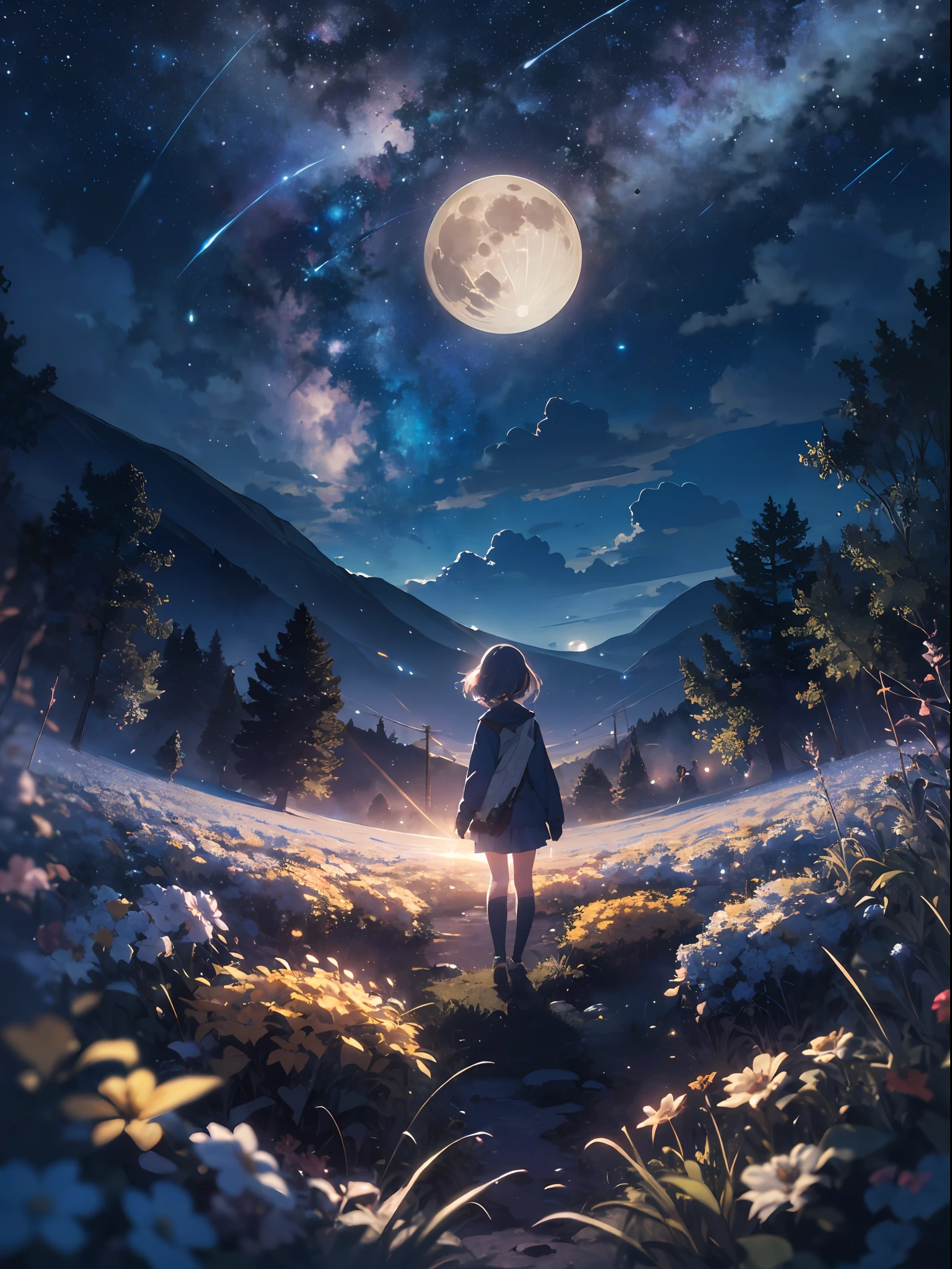 Expansive landscape photograph, (view from below with a view of the sky and wilderness below), little girl standing in a flower field looking up, (full moon: 1.2), (shooting star: 0.9), (nebula: 1.3), distant mountain, tree break production art, (warm light source: 1.2), (firefly: 1.2), lamp, purple and orange, intricate detail, volume lighting, realism break (masterpiece: 1.2) (Best Quality), 4K, Ultra-Detailed, (Dynamic Configuration: 1.4), Highly Detailed and Colorful Details, (Iridescent Colors: 1.2), (Glowing Lighting, Atmospheric Lighting), Dreamy, Magical, (Solo: 1.2),((blue)),((blue)),((blue)),((blue)),((blue)),((blue)),((blue)),((blue)),((blue)),((blue)),((blue)),((blue)),((blue)),((blue)),((blue)),((blue)),((blue)),((blue)),((blue)),((blue)),((blue)),((blue)),((blue)),((blue))