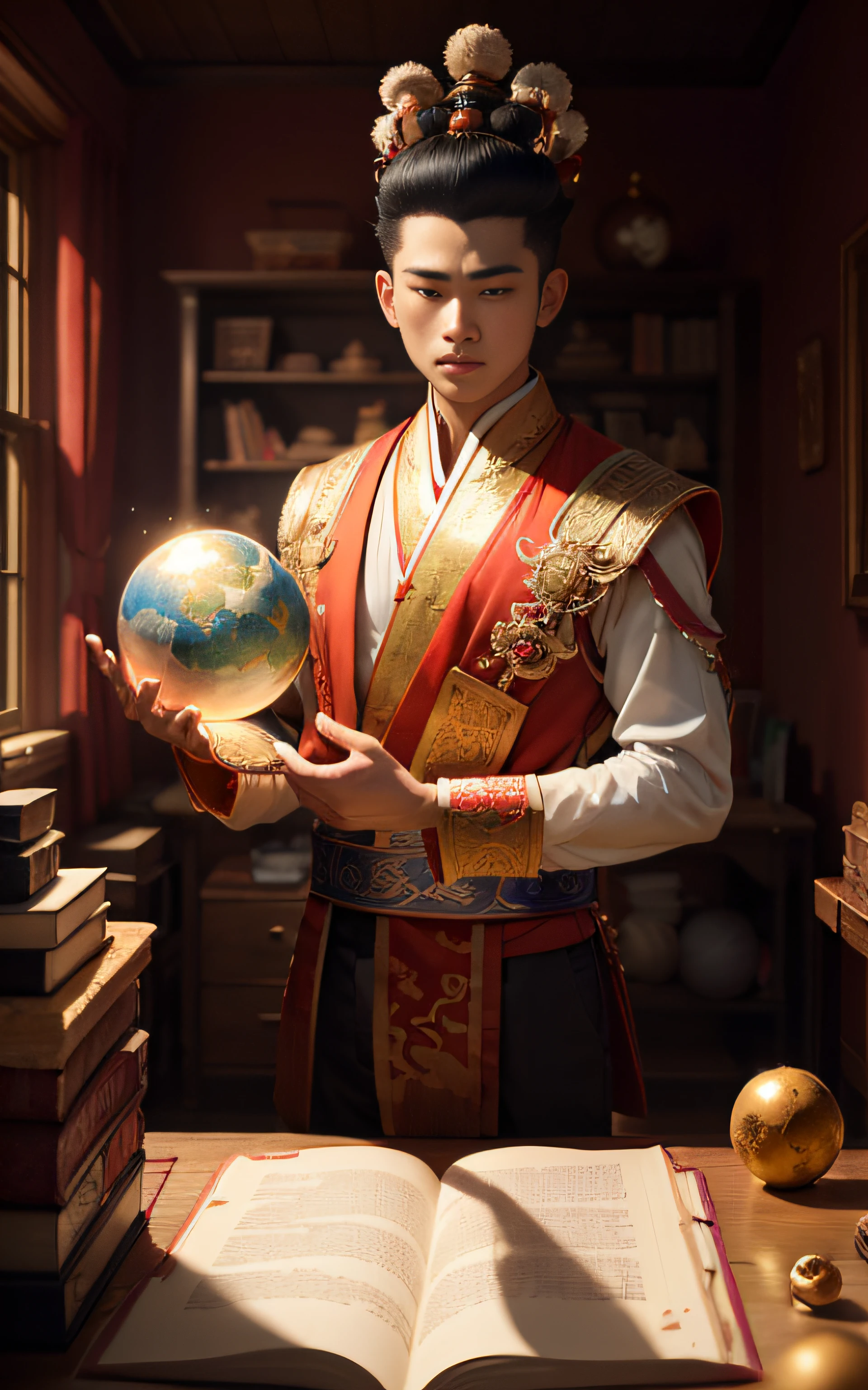 (巨作:1.2), (Best Picture Quality), Highly detailed room, Ultra-high definition, Cinematic light and shadow lighting, Sharp focus, (illustration:1.1), Inside the park,A young man with a feather headdress Nezha is with the Third Prince of the Dragon King。Nezha has three heads and six arms,Holding a bright magic book in his hand,Thinking of a shimmering sphere,They were in a dimly lit room filled with lights,A magician's room。
