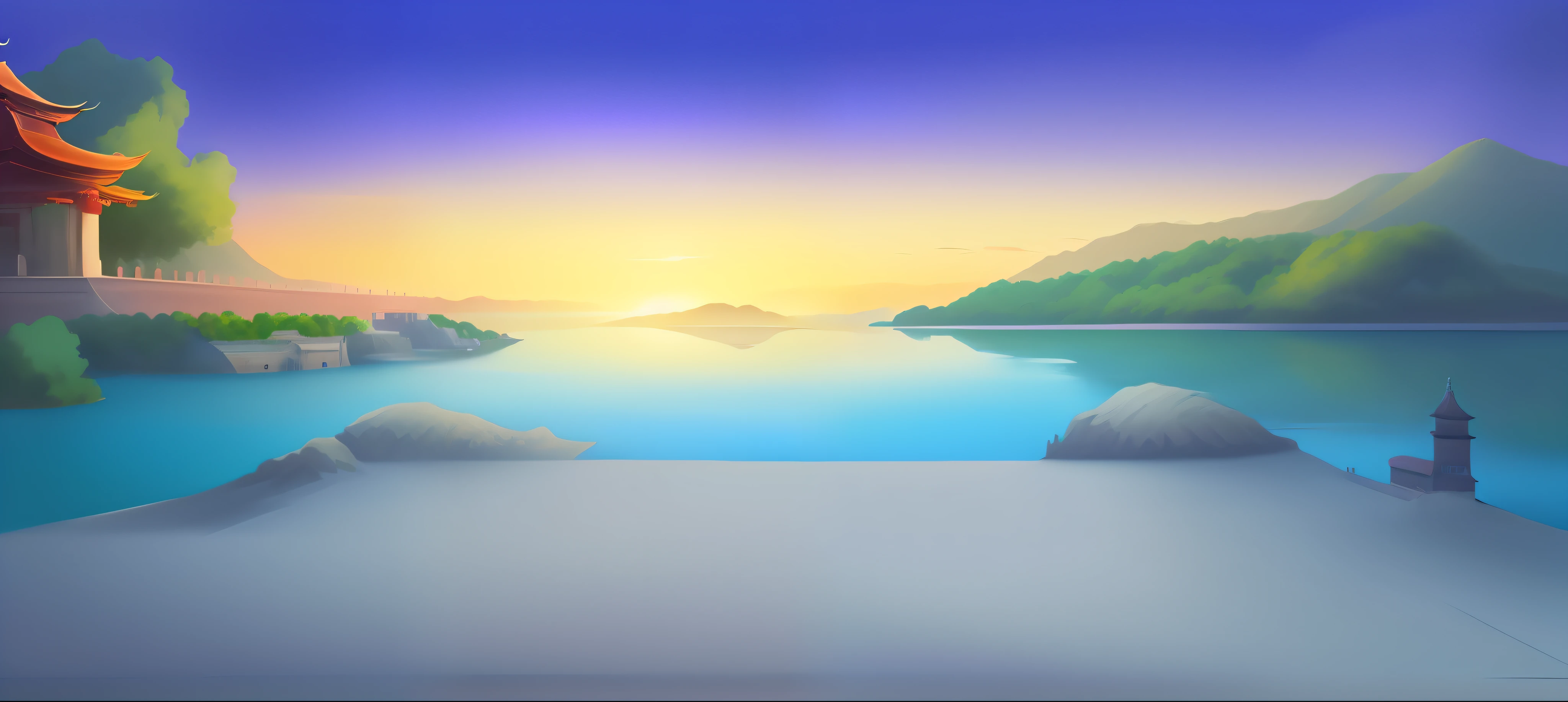 painting of a lake with a pagoda in the background, Lake background, beautiful lake background, Mobile game background, island background, background artwork, temple background, palace background, anime backgrounds, arte de fundo, Detailed scenery —width 672, detailed lake in background, Anime background art, game background, Anime landscape wallpaper, Dawn background, golden hour background, scenery background