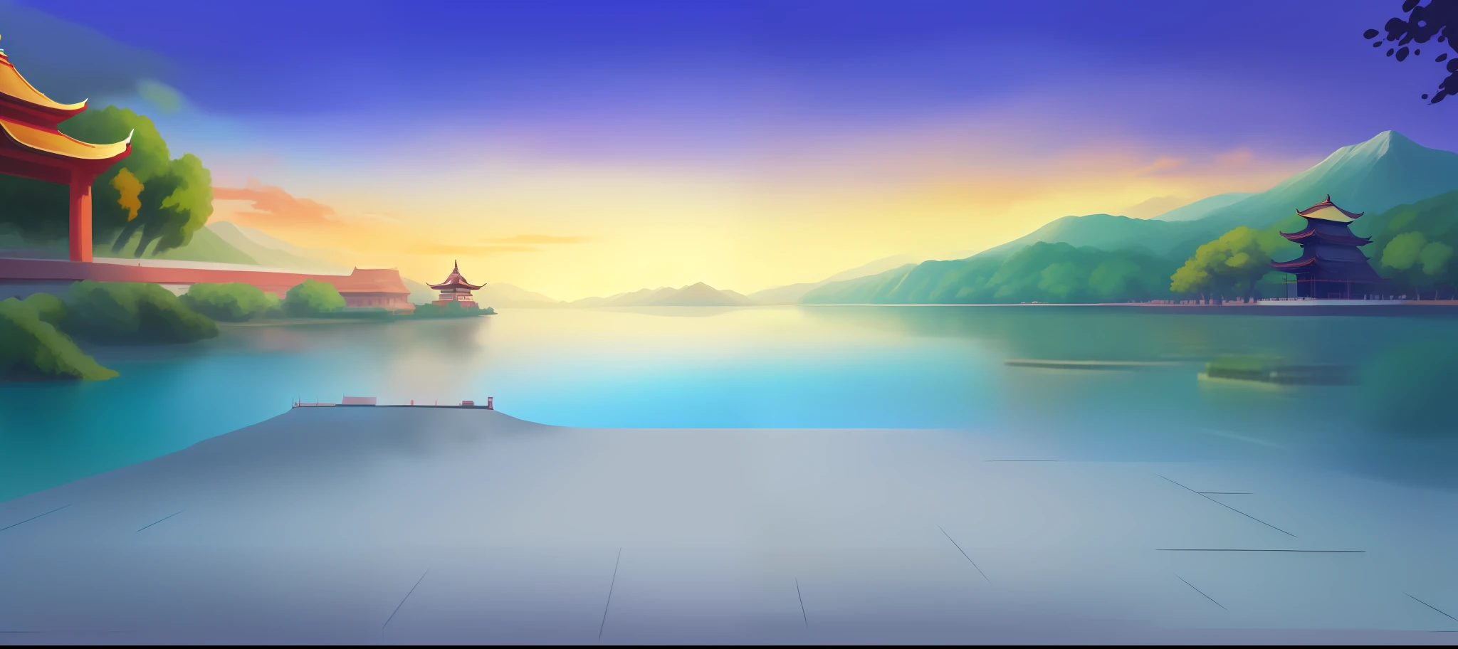 painting of a lake with a pagoda in the background, Lake background, beautiful lake background, Mobile game background, island background, background artwork, temple background, palace background, anime backgrounds, arte de fundo, Detailed scenery —width 672, detailed lake in background, Anime background art, game background, Anime landscape wallpaper, Dawn background, golden hour background, scenery background