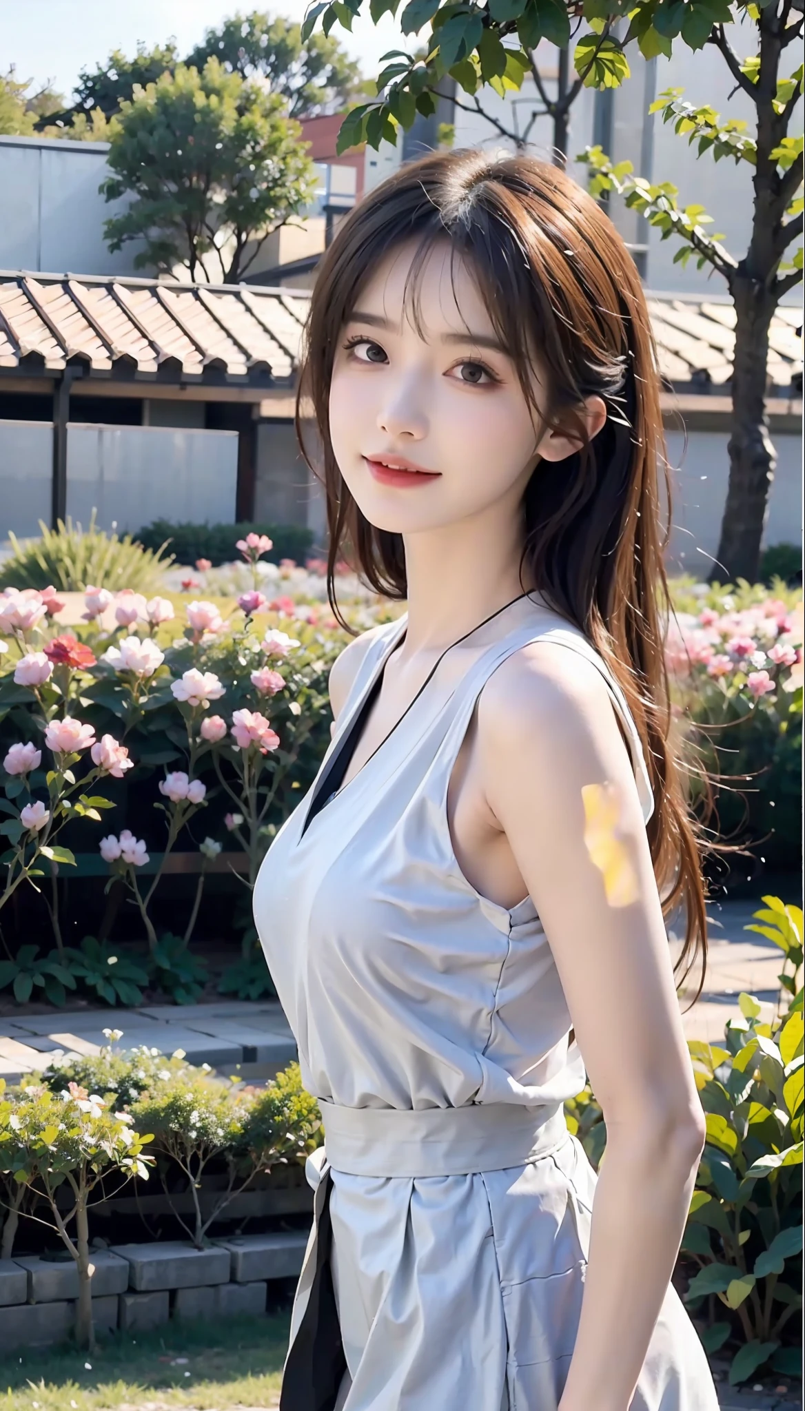 masterpaintings, Best Picture Quality, 8k wallpaper level, A delicate and beautiful girl(1girl), perfectbody, Tall and wearing a short skirt, Long legs, Fresh and natural atmosphere, Realistic skin/specifics, Delicate side angles, Elegant environment,Sunlight falls on the background,The picture is open。