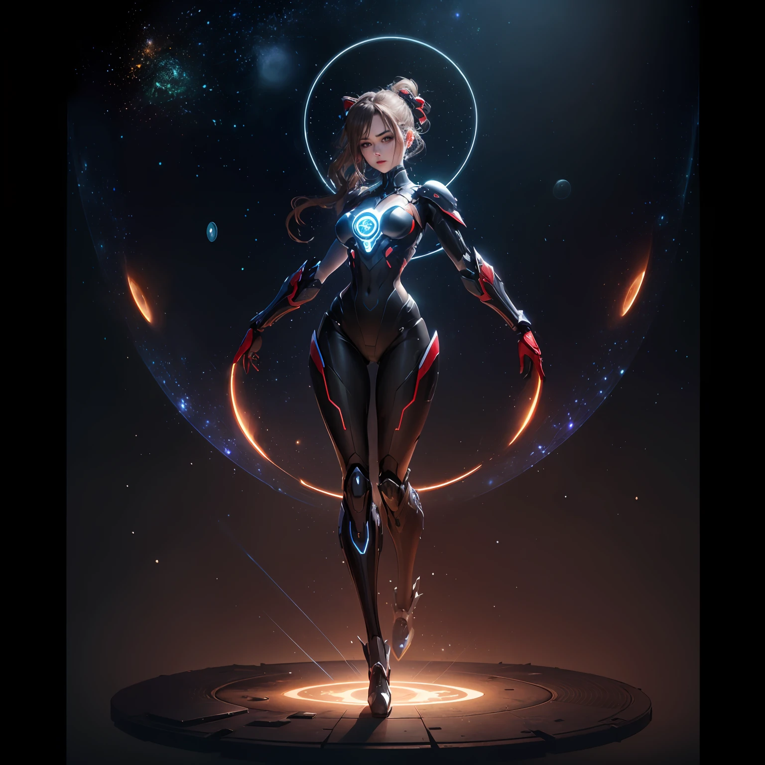 extremely delicate and beautiful,8k wallpaper,absurdres,incredibly absurdres,ultra-detailed,highres,extremely detailed,beautiful detailed girl,extremely detailed eyes and face,beautiful detailed eyes,1girl,solo,(full body:1.3),blue fire,gear,giant robot,machine,damage armor,glove,machinery suit,(machinery boots),Mecha,science fit,updo,wearing mechanical equipment,nice Standing posture of model,Twist your body slightly,(Tall and elegant,slender figure:1.4),(behind the luminous disc:1.2),(The background is a star map:1.5),Dance posture,Sexy posture,Tall and elegant,Metal Takazawa,Gorgeous,Science Filament,(Red and black color case:1.3), --auto