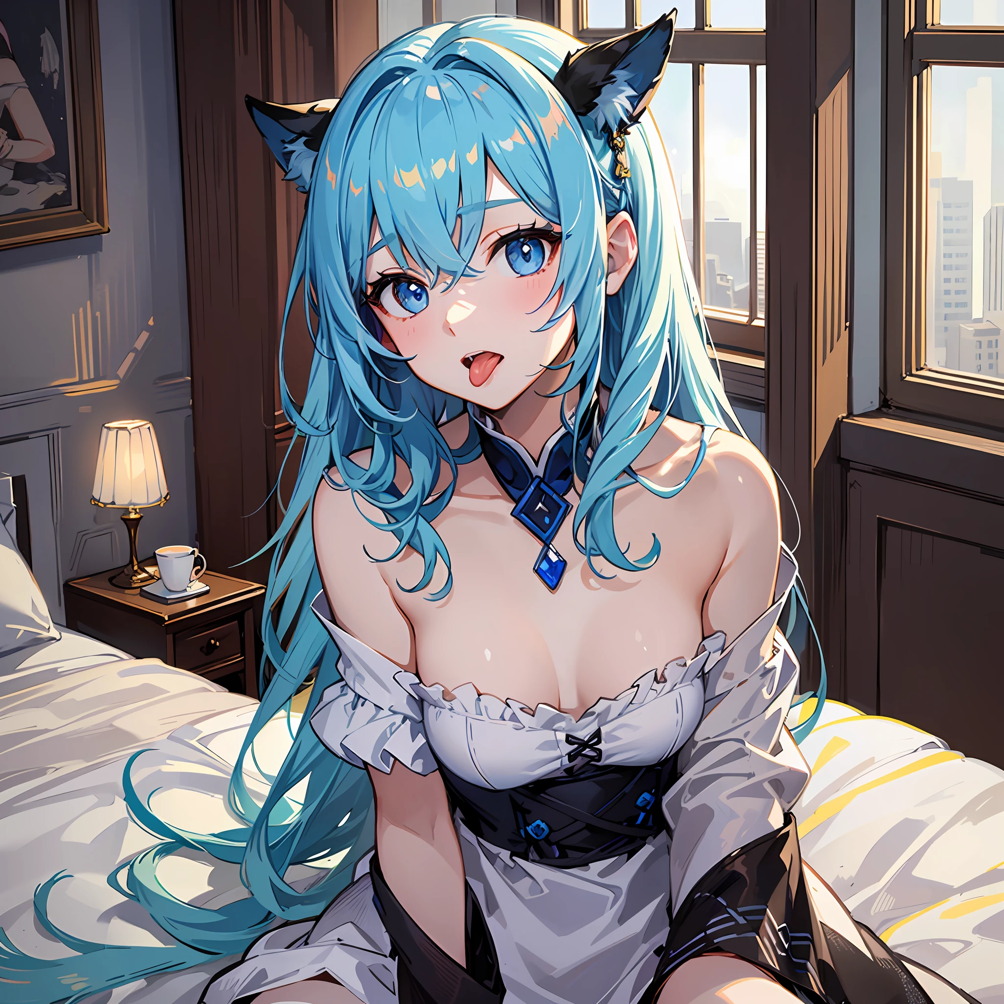 (((masterpeice)))、(((beste-Quality)))、Hi-Res、 sitting on、 (Cute One Girl)))、独奏、White Skin Skin、small tits、Eight-headed body、(light blue  hair)、((shorth hair))、((Pattsun bangs))、Beautiful hair、blue eyed、Beautiful Eyes of Details、((tongue))、Red face、heart、Nightwear、 耳环、White Room、a bed、 (morning)、 Shadow lighting、