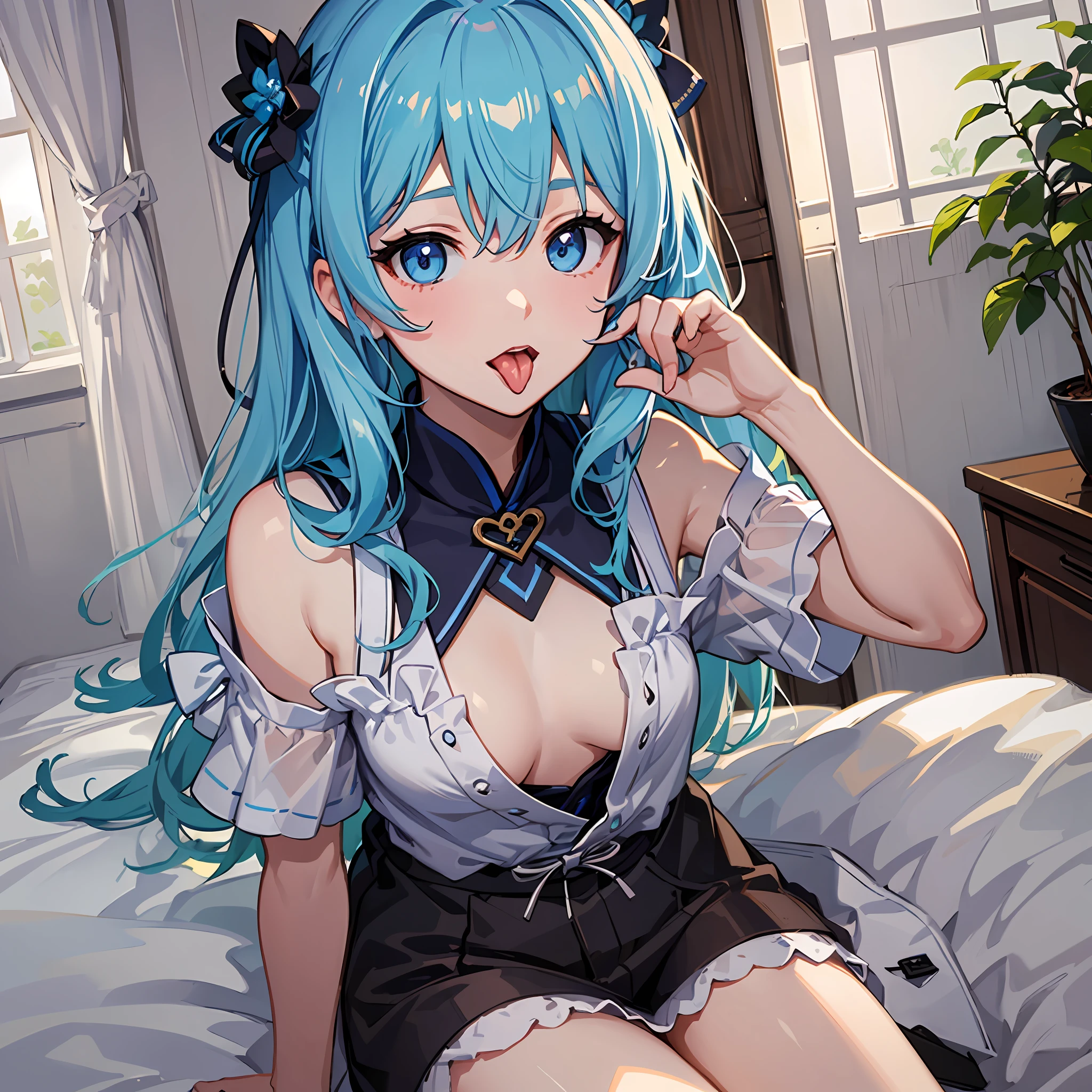 (((masterpeice)))、(((beste-Quality)))、Hi-Res、 sitting on、 (Cute One Girl)))、独奏、White Skin Skin、small tits、Eight-headed body、(light blue  hair)、((shorth hair))、((Pattsun bangs))、Beautiful hair、blue eyed、Beautiful Eyes of Details、((tongue))、Red face、heart、Nightwear、 耳环、White Room、a bed、 (morning)、 Shadow lighting、
