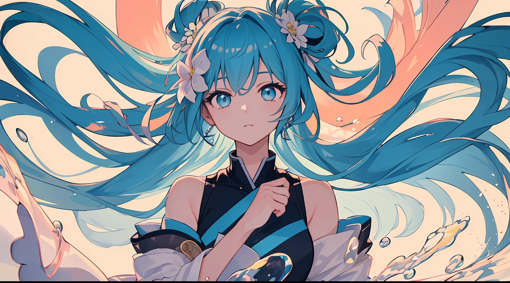 (A masterpice)、(the best quality)、(Ultra-detailded)、(tousled hair)、(illutst)、(a 1 girl)、(Fashionable clothes)、HATSUNEMIKU,The is standing、fashion model、see the beholder、(interview)、(simple background)、Fine and beautiful eyes、Delicate beautiful face、floating、(a high chroma)、(colorful splashing)、colorful bubble、(brilliance)、focus on face、ponie tail、Kamisato colorful flowers、light blue hair、bangss、hair rings、Floating flowers、Floating hairs、(SHINES)、best illuminate、Best Shadows、