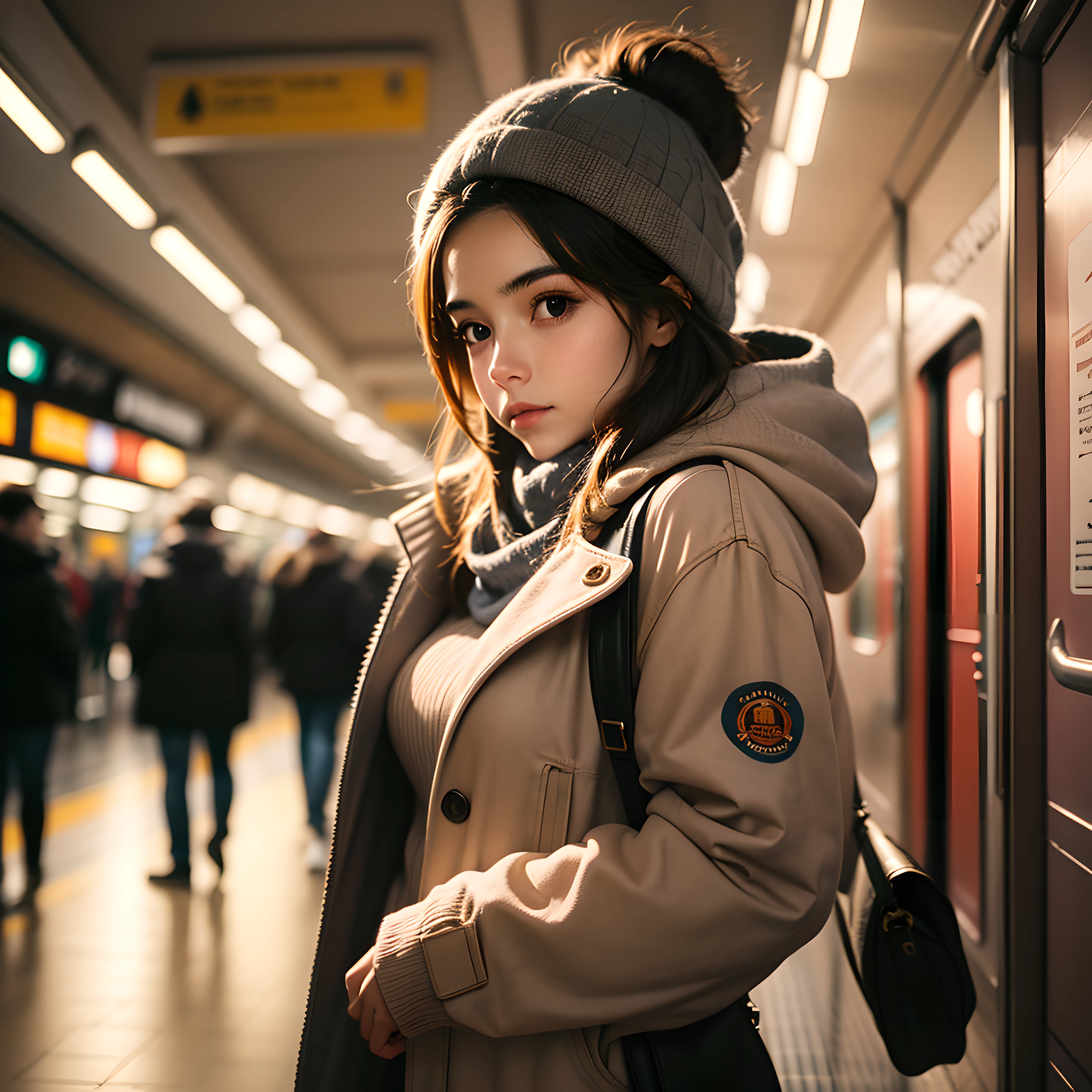 Obra maestra,La mejor calidad,fotorrealista,Renderizado realista,1girl,chestnut,Disparo de vaquero,perfil,Noche,Disparo nocturno,a girl inside a subway station,subway train passing behind her,Desenfoque de movimiento,Film grain:1.2,Chaqueta de invierno,bufanda,Confort radiante, Hora dorada, Ambiente acogedor