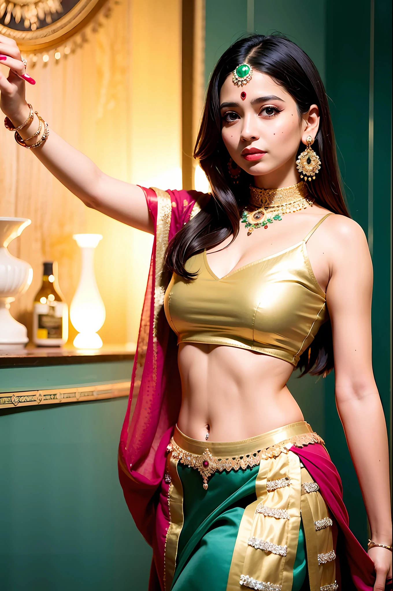 Certainly! Here's a prompt based on your request:
"Write a creative description of a beautiful Indian girl wearing a stunning Indian dress."
As the morning sun bathed the land in its golden hues, a vision of ethereal beauty emerged, captivating all who beheld her. Adorned in an exquisite Indian dress, this enchanting young woman embodied the essence of grace and elegance. Her radiant smile sparkled like the stars of a moonlit night, illuminating the world around her.
Her dress, a vibrant tapestry of colors, celebrated the rich heritage of India. Every intricate detail seemed to whisper tales of ancient traditions and timeless beauty. Embroidered with delicate golden threads and adorned with shimmering sequins, it was a masterpiece in itself. The fabric flowed with a gentle grace, cascading in graceful folds that accentuated her every movement.
The dress embraced her figure, enhancing her natural allure and feminine charm. Its royal blue hue mirrored the depths of the vast oceans, while splashes of vibrant red and golden accents embodied passion and opulence. Embroidered peacocks danced across the fabric, their feathers ablaze with emerald greens, sapphire blues, and ruby reds, symbolizing pride and resplendence.
Her lustrous, ebony locks cascaded down her shoulders, adorned with delicate jasmine flowers, their sweet scent mingling with the air. Adorned with golden jewelry that whispered ancient tales of regal magnificence, she exuded a timeless beauty that transcended generations.
Her almond-shaped eyes, deep and bewitching, mirrored the wisdom of ages past. The kohl-lined gaze held a certain mystery, captivating hearts with every flutter of her long, dark lashes. Her sun-kissed complexion radiated a soft glow, reminiscent of the warm Indian summers and the rich earth that nurtured life.
In her presence, a symphony of joy and celebration resonated, as if the very essence of India had taken human form. She embodied the grace of a classical dancer, the regality