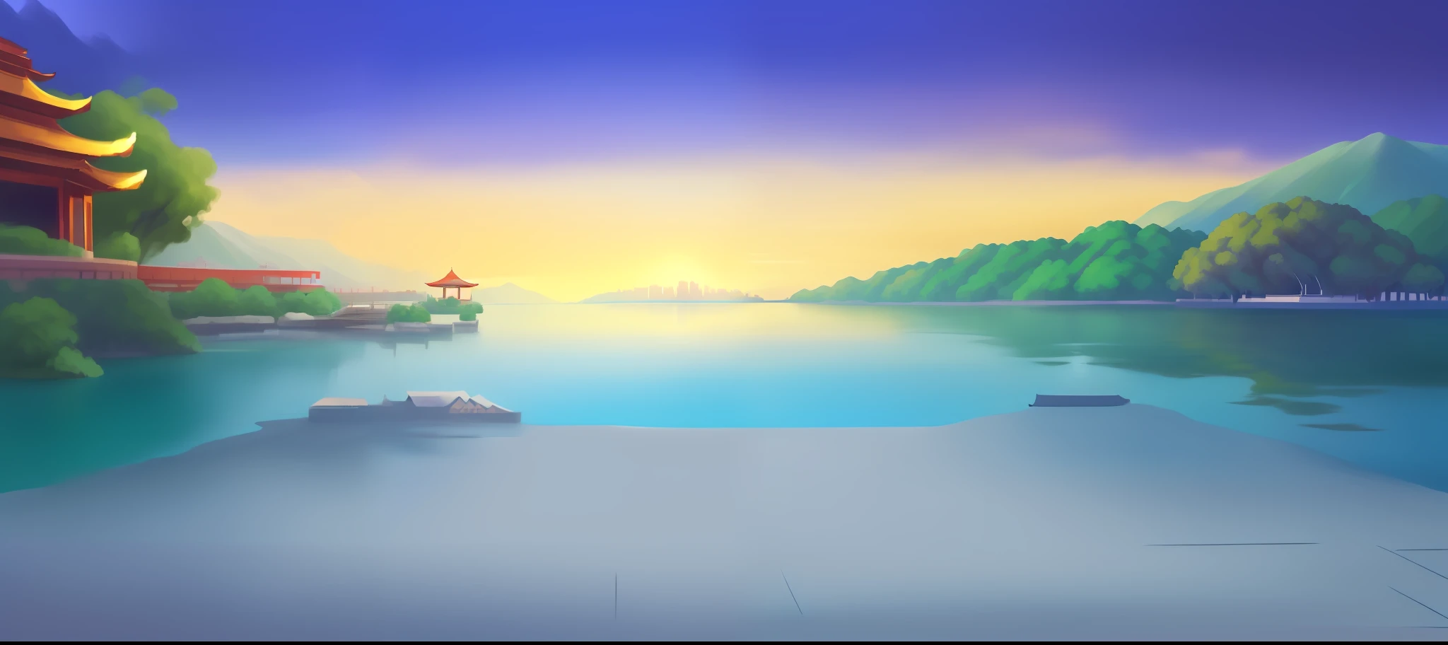 painting of a lake with a pagoda in the background, Lake background, beautiful lake background, Mobile game background, island background, background artwork, temple background, palace background, anime backgrounds, arte de fundo, Detailed scenery —width 672, detailed lake in background, Anime background art, game background, Anime landscape wallpaper, Dawn background, golden hour background, scenery background