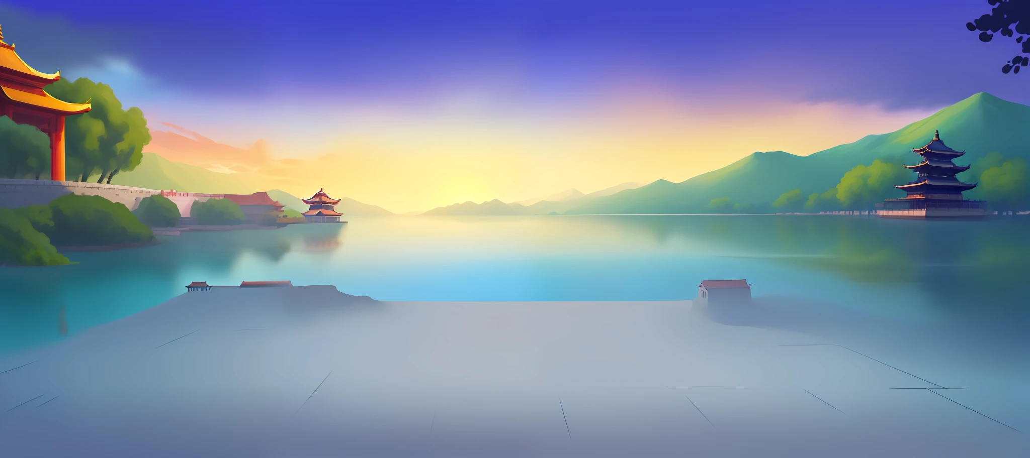 painting of a lake with a pagoda in the background, Lake background, beautiful lake background, Mobile game background, island background, background artwork, temple background, palace background, anime backgrounds, arte de fundo, Detailed scenery —width 672, detailed lake in background, Anime background art, game background, Anime landscape wallpaper, Dawn background, golden hour background, scenery background