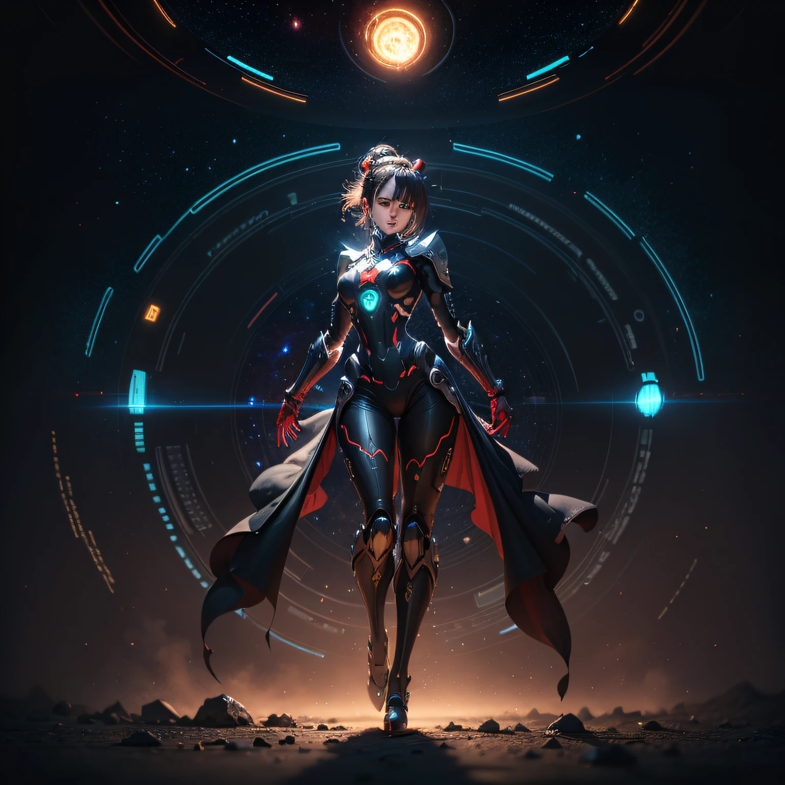 extremely delicate and beautiful,8k wallpaper,absurdres,incredibly absurdres,ultra-detailed,highres,extremely detailed,beautiful detailed girl,extremely detailed eyes and face,beautiful detailed eyes,1girl,solo,(full body:1.3),blue fire,gear,giant robot,machine,damage armor,glove,machinery suit,(machinery boots),Mecha,science fit,updo,wearing mechanical equipment,nice Standing posture of model,Twist your body slightly,(Tall and elegant,slender figure:1.4),(behind the luminous disc:1.2),(The background is a star map:1.5),Dance posture,Sexy posture,Tall and elegant,Metal Takazawa,Gorgeous,Science Filament,(Red and black color case:1.3), --auto