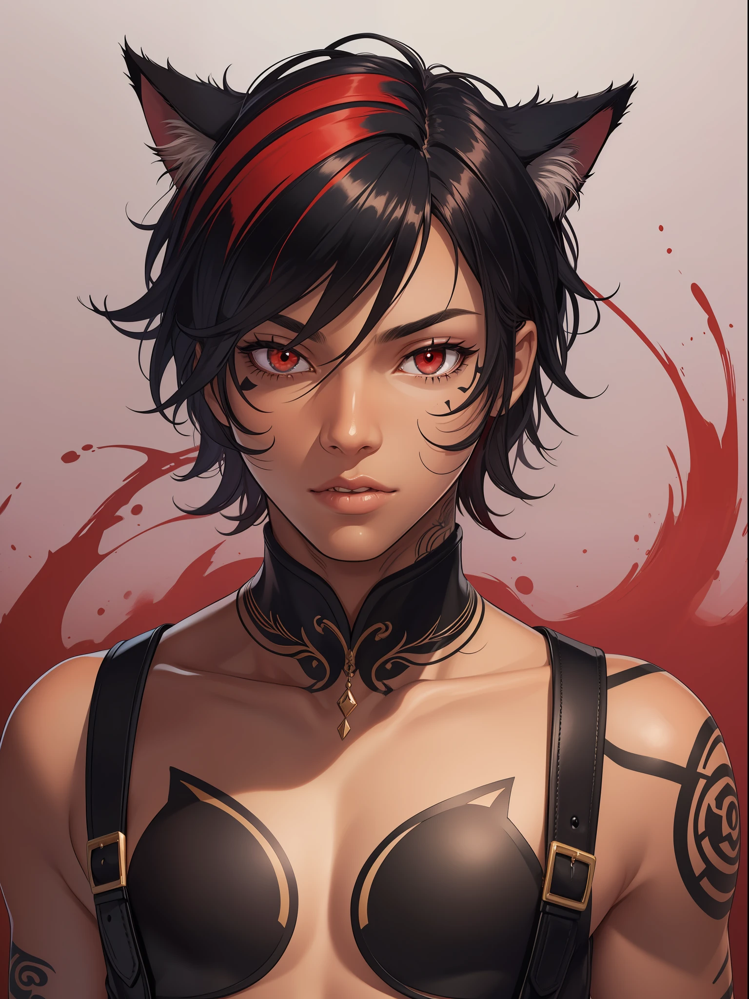 1girl, black hair, cat boy, dark skin, facial mark, hair between eyes,lips, looking at viewer, male focus, neck tattoo, parted lips, red eyes, red hair, short hair, slit pupils, solo,