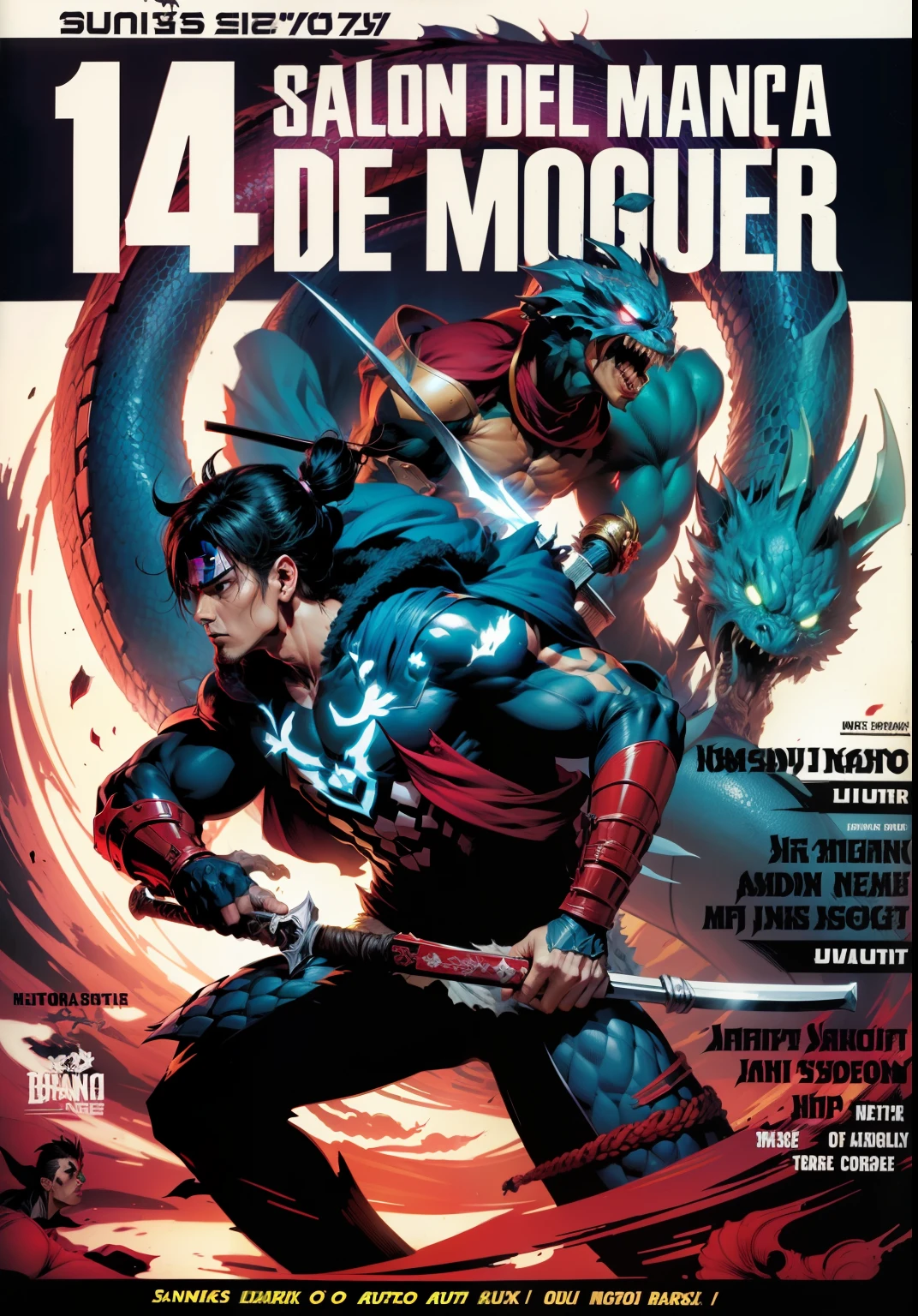 portada de comic Marvel, samurai cogiendo espada, Neon blue dragon --auto